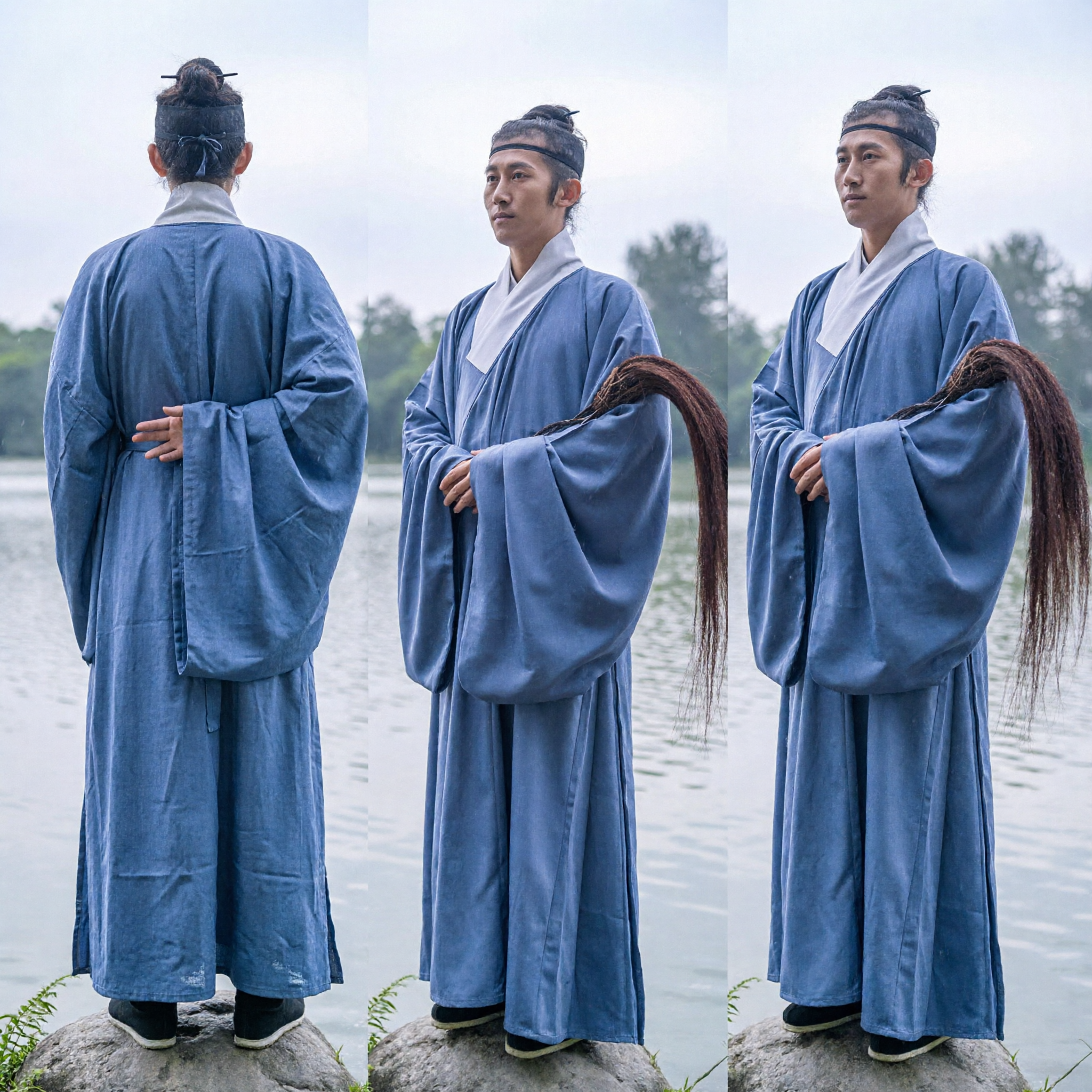Men's Ancient Chinese Taoist Priest Blue Hanfu Robe Traditional Scholar Costume for Cosplay and Stage Performance - Asian Costume