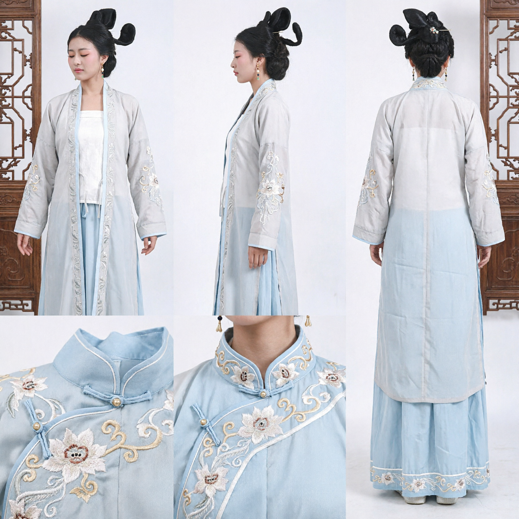 Traditional Chinese Hanfu Costume Elegant Silver Embroidery Long Robe Ancient Outfit for Women Performance - Asian Costume