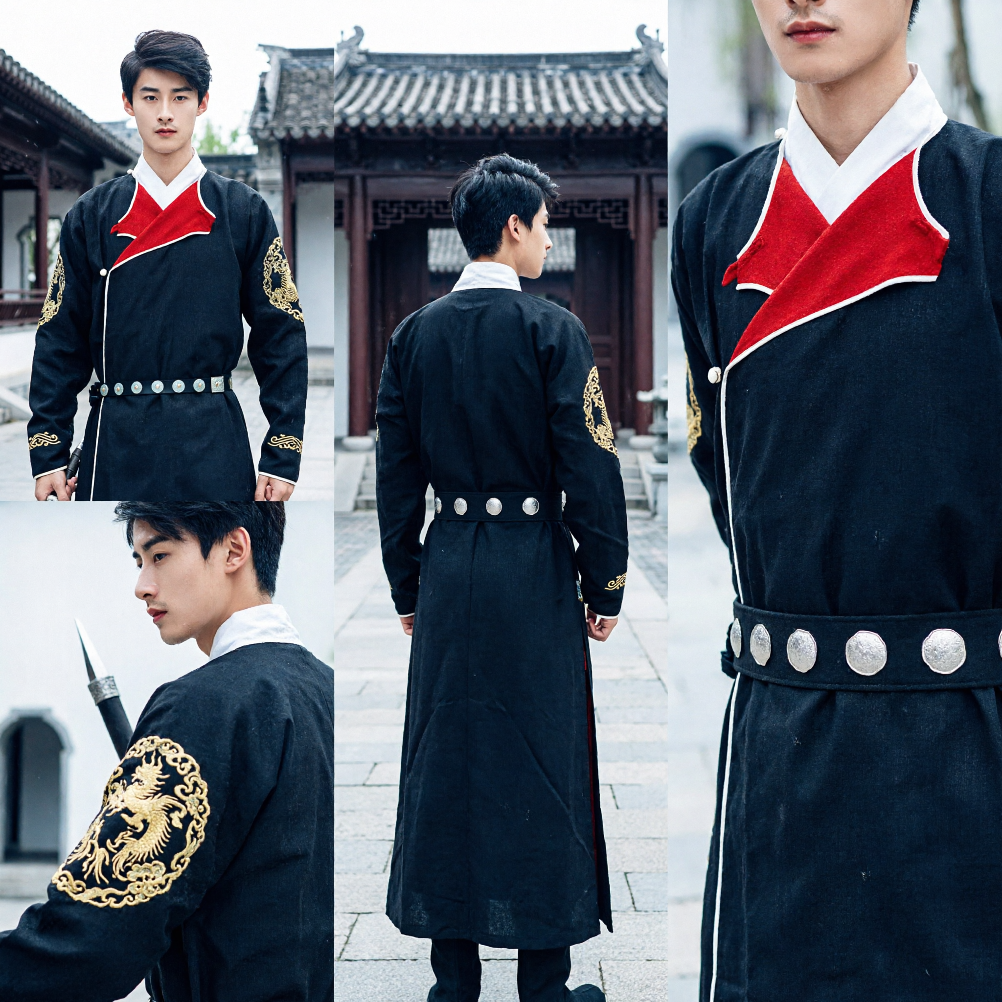 Traditional Chinese Wuxia Swordsman Costume Men's Black Hanfu Robe with Gold Embroidery for Martial Arts Cosplay - Asian Costume