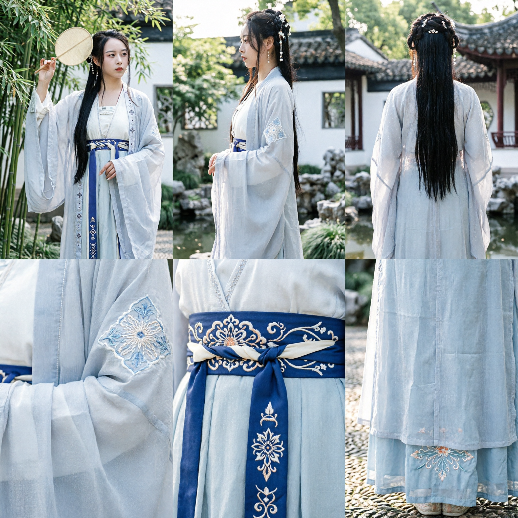 Traditional Chinese Hanfu Costume for Women Ancient Fairy Style White Blue Embroidered Robe for Cosplay and Photography - Asian Costume