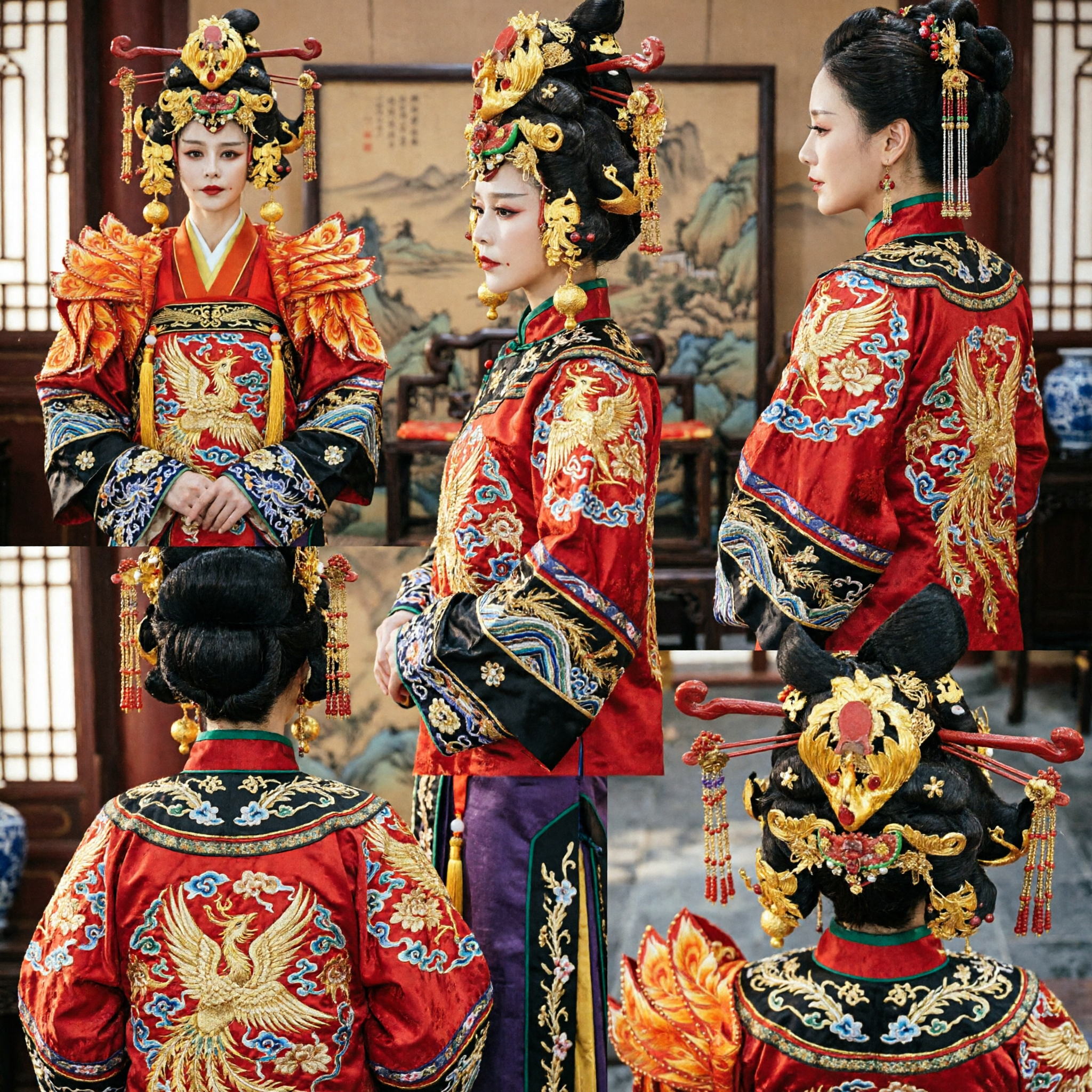 Ancient Chinese Tang Dynasty Empress Hanfu Costume with Gold Phoenix Headpiece for Women Cosplay Performance - Asian Costume