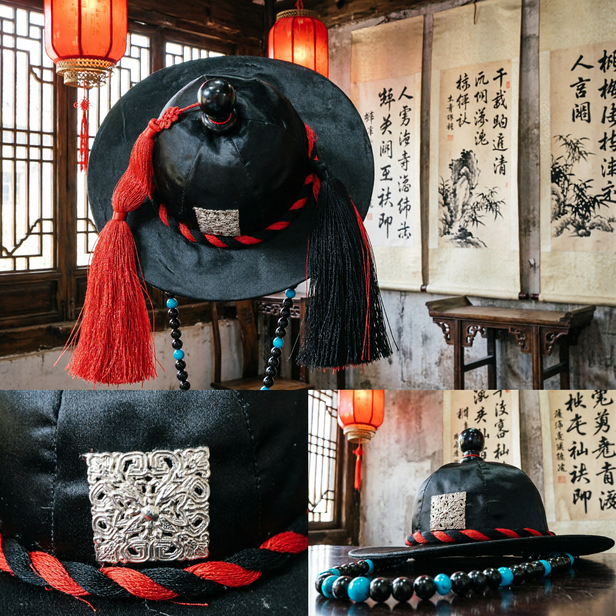 Traditional Chinese Ancient Official Black Gauze Hat Wushamao with Red Tassels for Men Cosplay Hanfu Costume Accessory - Asian Costume