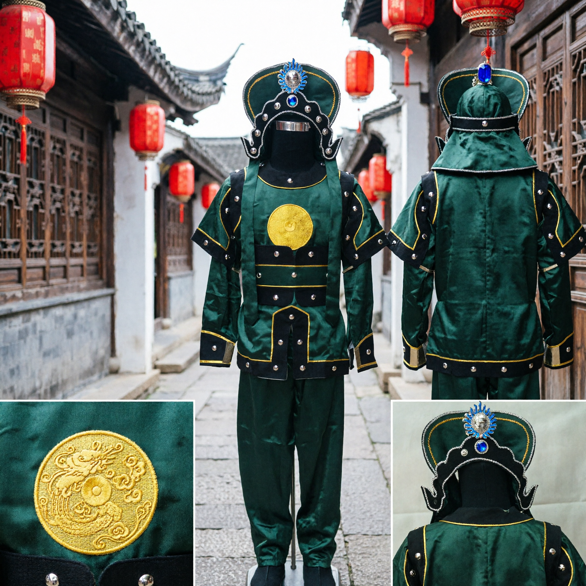Traditional Chinese Peking Opera General Costume Green Ancient Warrior Military Armor Outfit for Men Stage Performance - Asian Costume