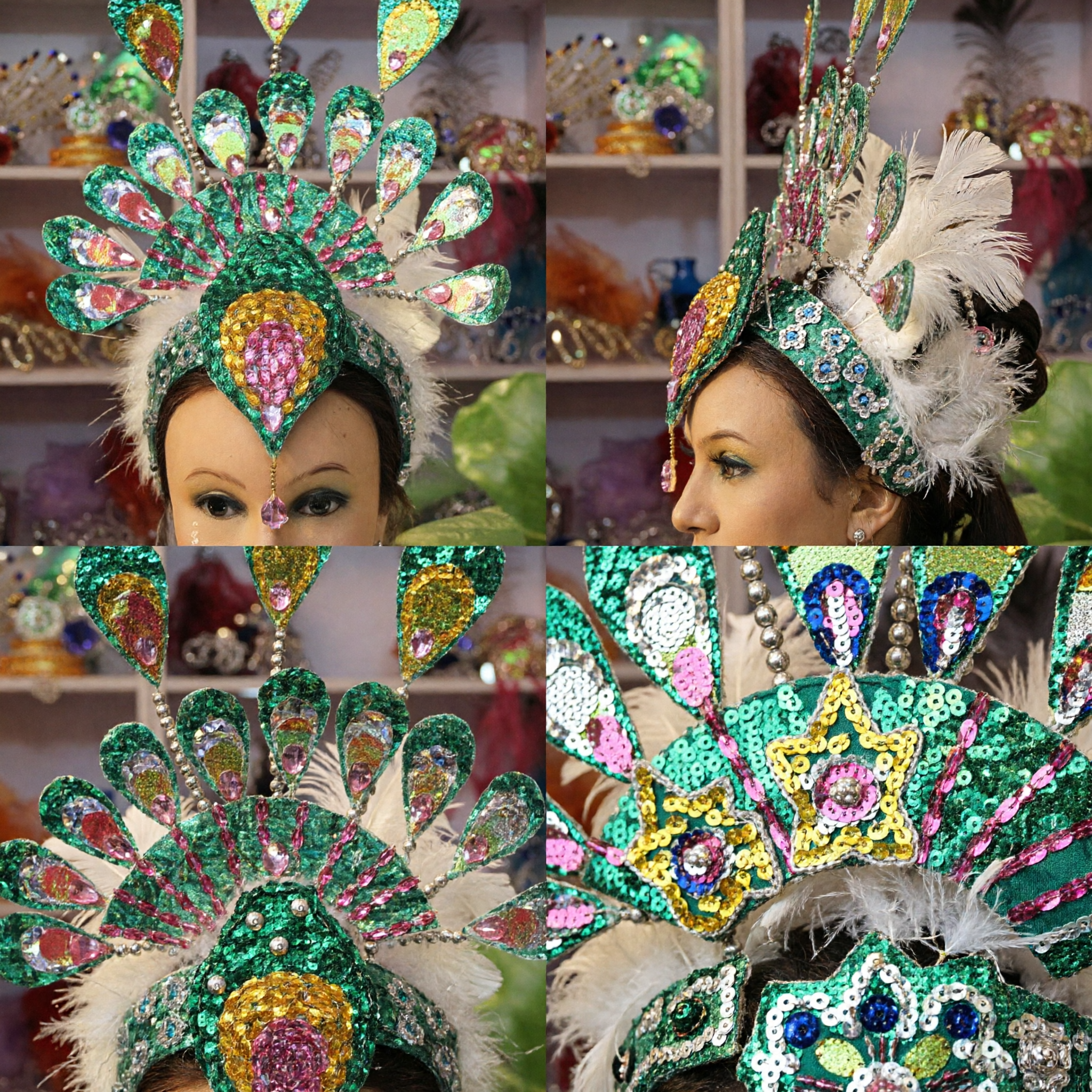 Green Peacock Sequin Headdress for Women's Carnival Parade and Traditional Stage Dance Performance - Asian Costume
