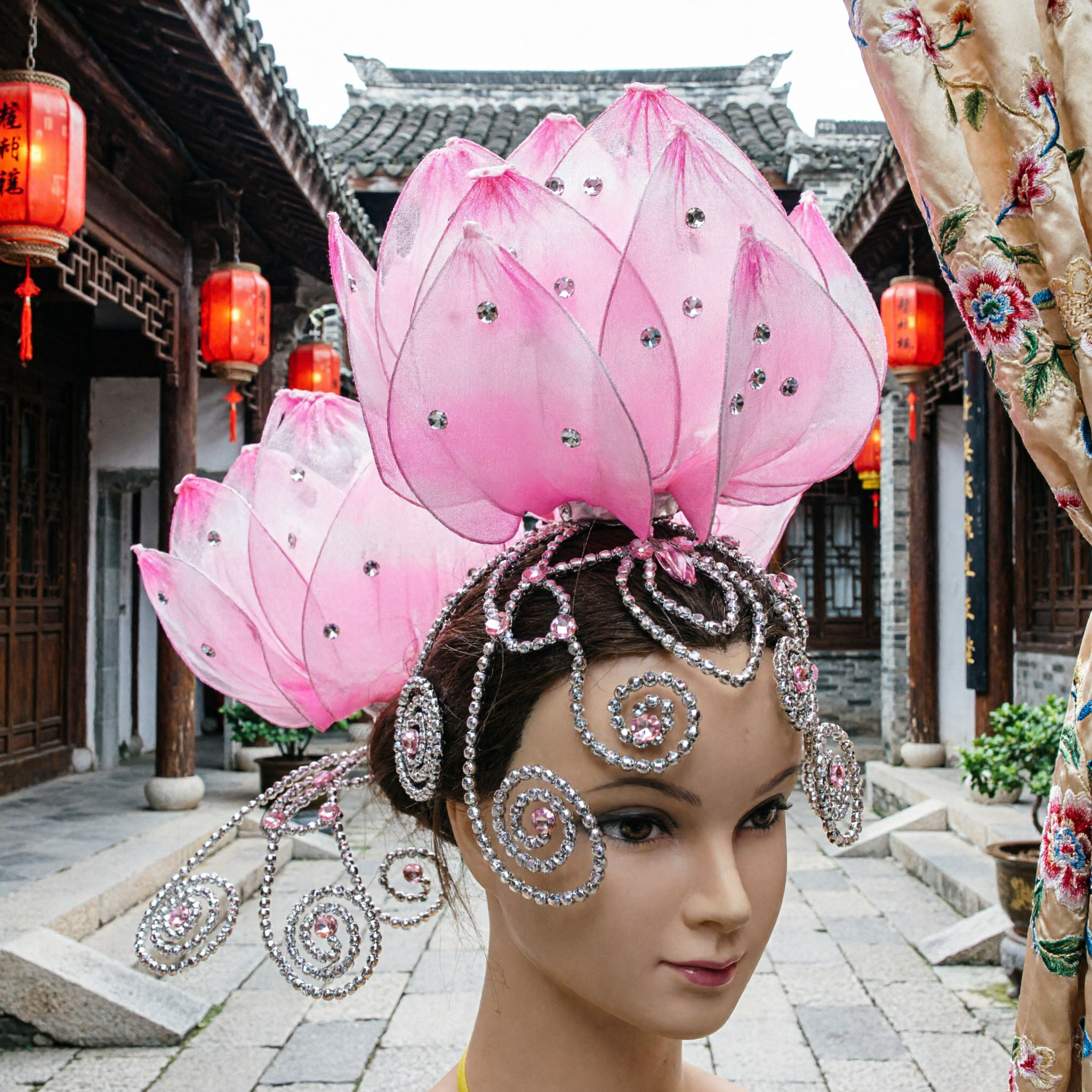 Traditional Pink Lotus Flower Headdress with Rhinestones for Stage Dance Performance and Carnival Costume - Asian Costume