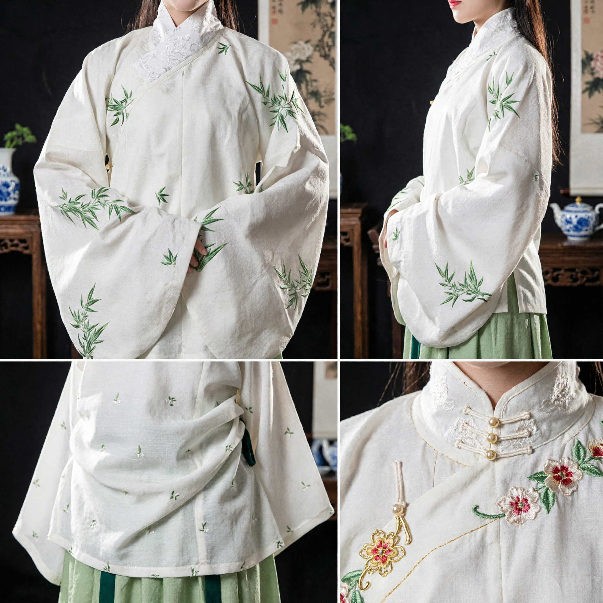 Traditional Chinese Hanfu Ming Dynasty Style Women's Costume White Top with Bamboo Embroidery and Green Skirt - Asian Costume