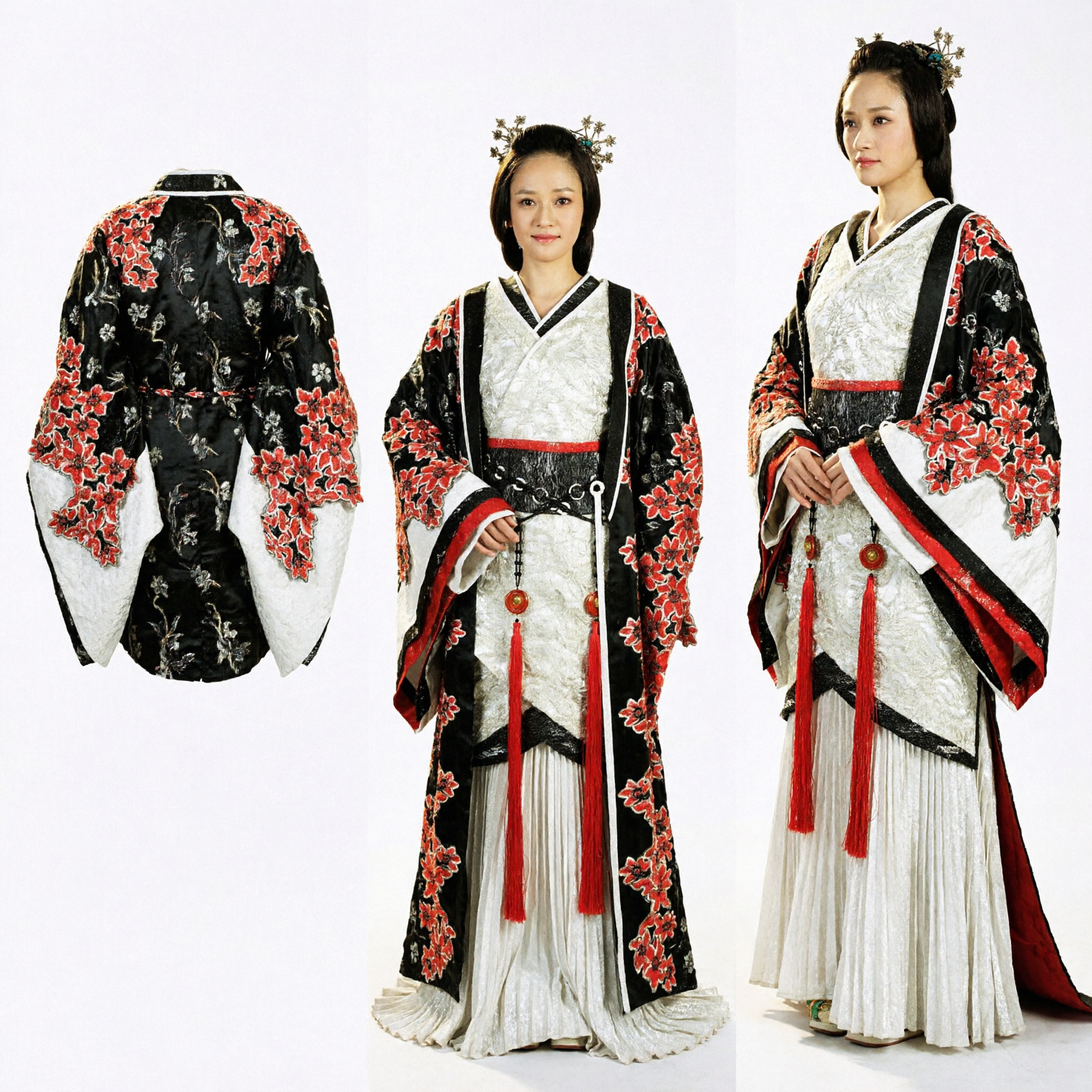 Women's Traditional Chinese Hanfu Ancient Palace Costume Black and White Robe with Red Floral Embroidery for Performance - Asian Costume