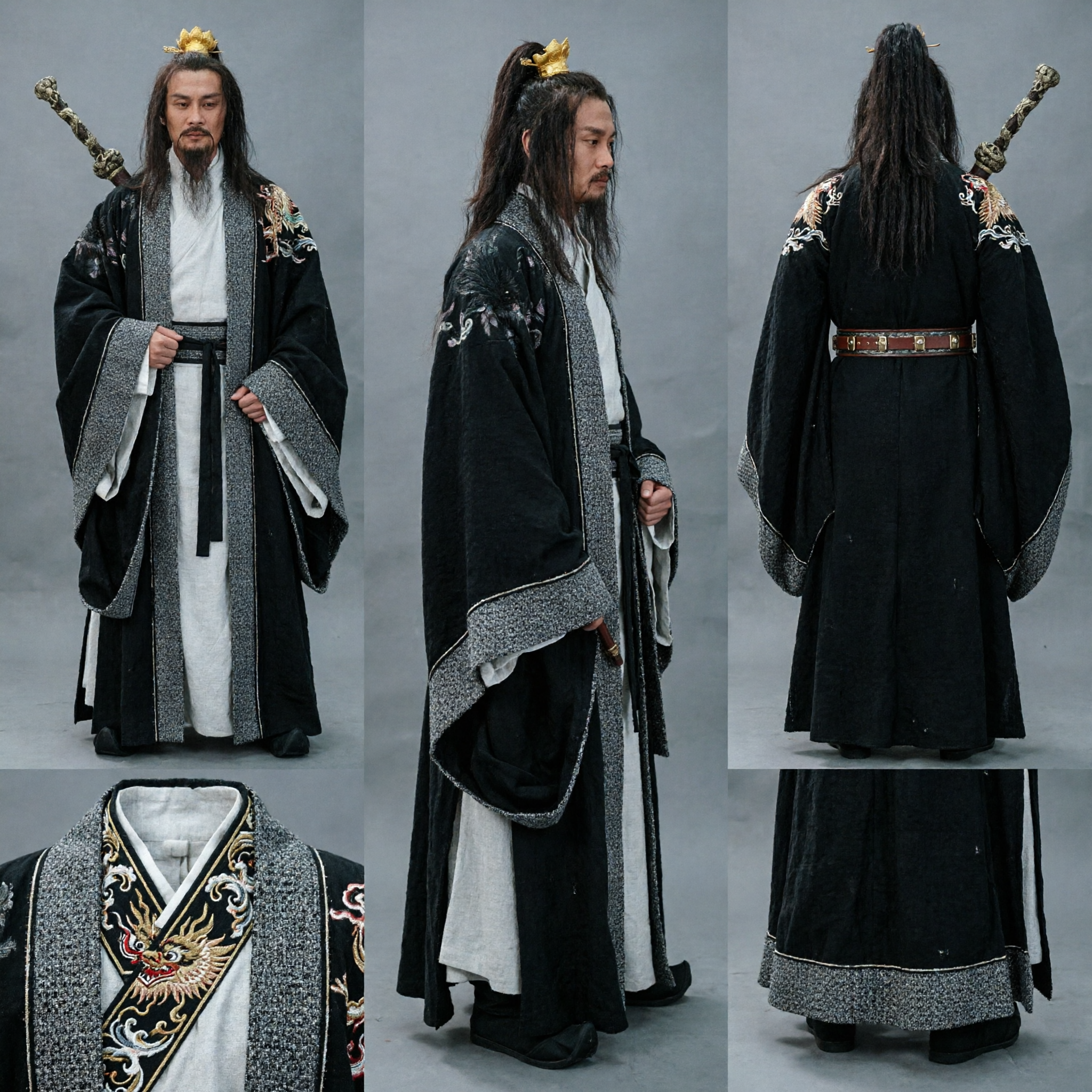 Men's Traditional Chinese Wuxia Costume Black Taoist Priest Hanfu Robe for Historical Cosplay and Drama - Asian Costume