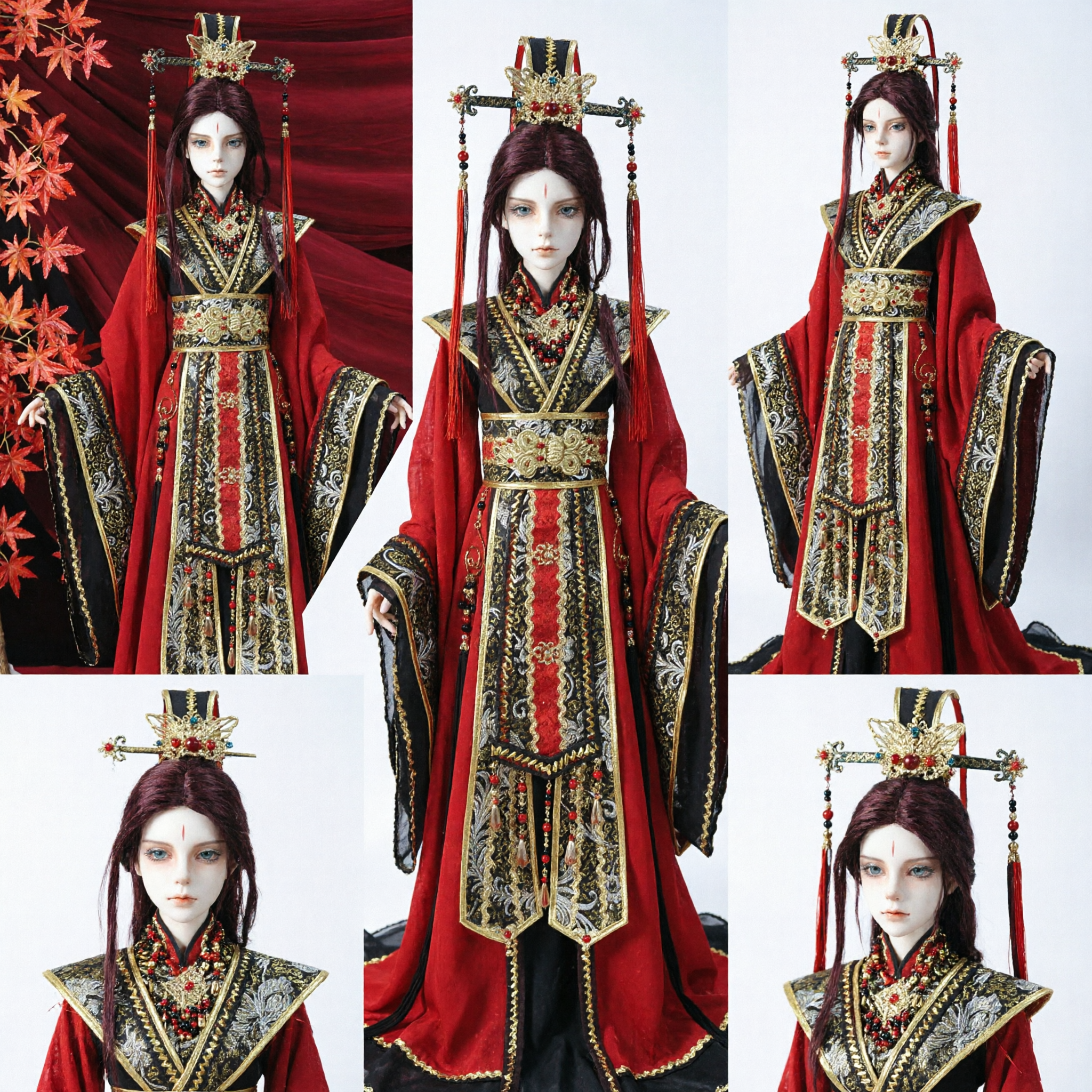Exquisite Traditional Chinese Hanfu BJD Doll Costume Red Black Gold Embroidery Ancient Wedding Outfit - Asian Costume