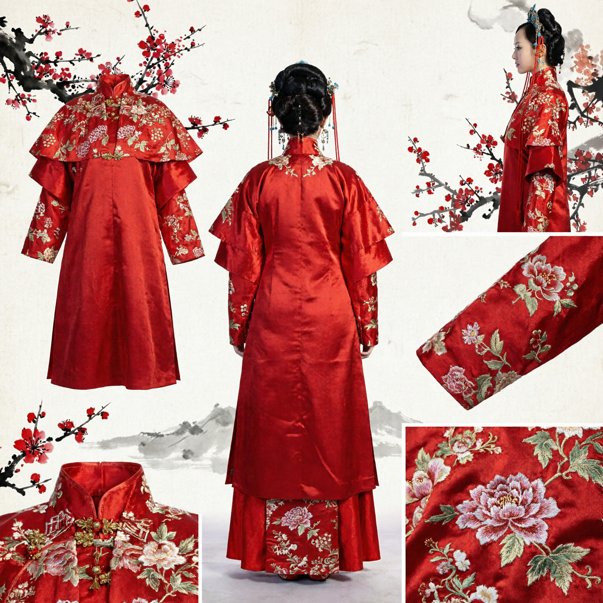 Traditional Chinese Wedding Dress Red Embroidered Qun Kwa Ancient Bride Costume with Phoenix Crown - Asian Costume