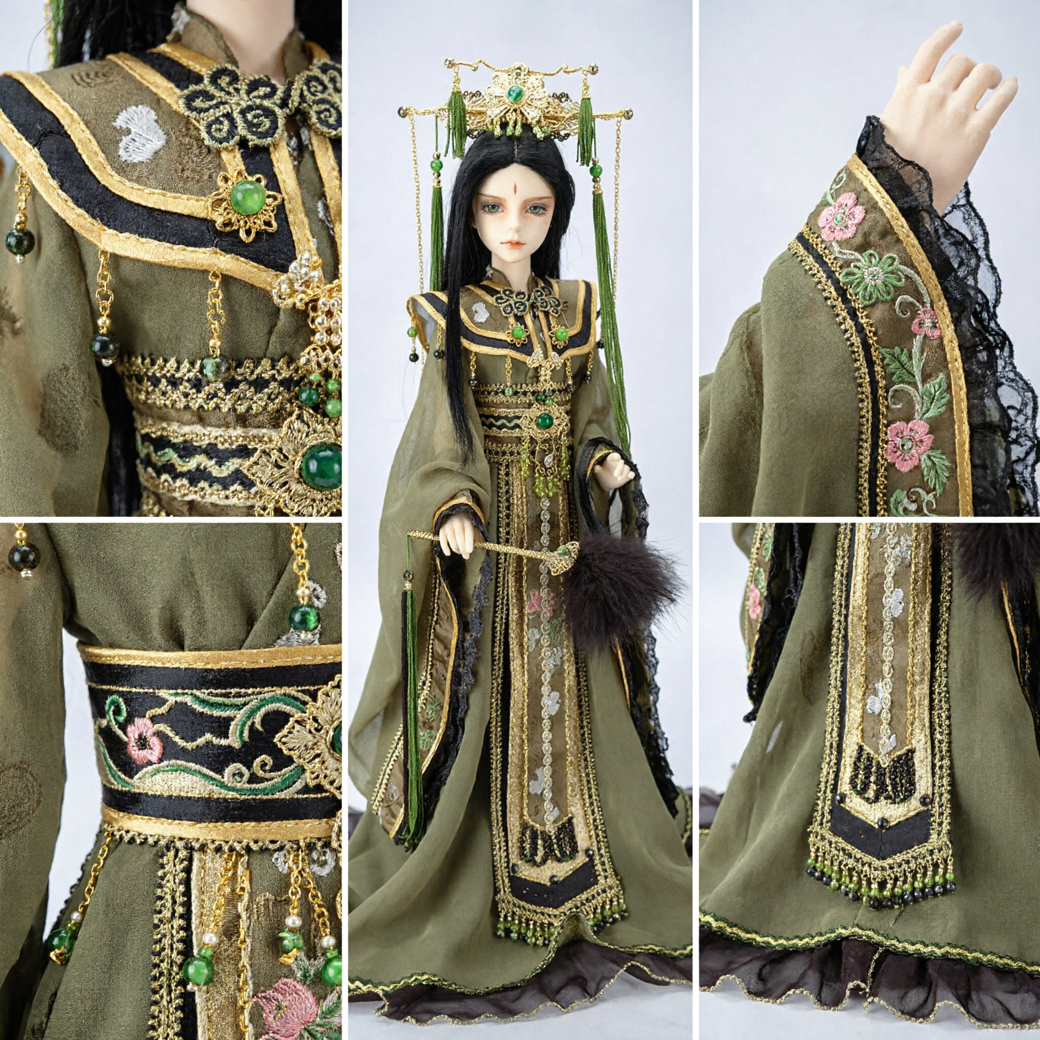 Traditional Chinese Hanfu Costume Set for BJD Dolls Ancient Style Green Robe with Elaborate Headdress - Asian Costume
