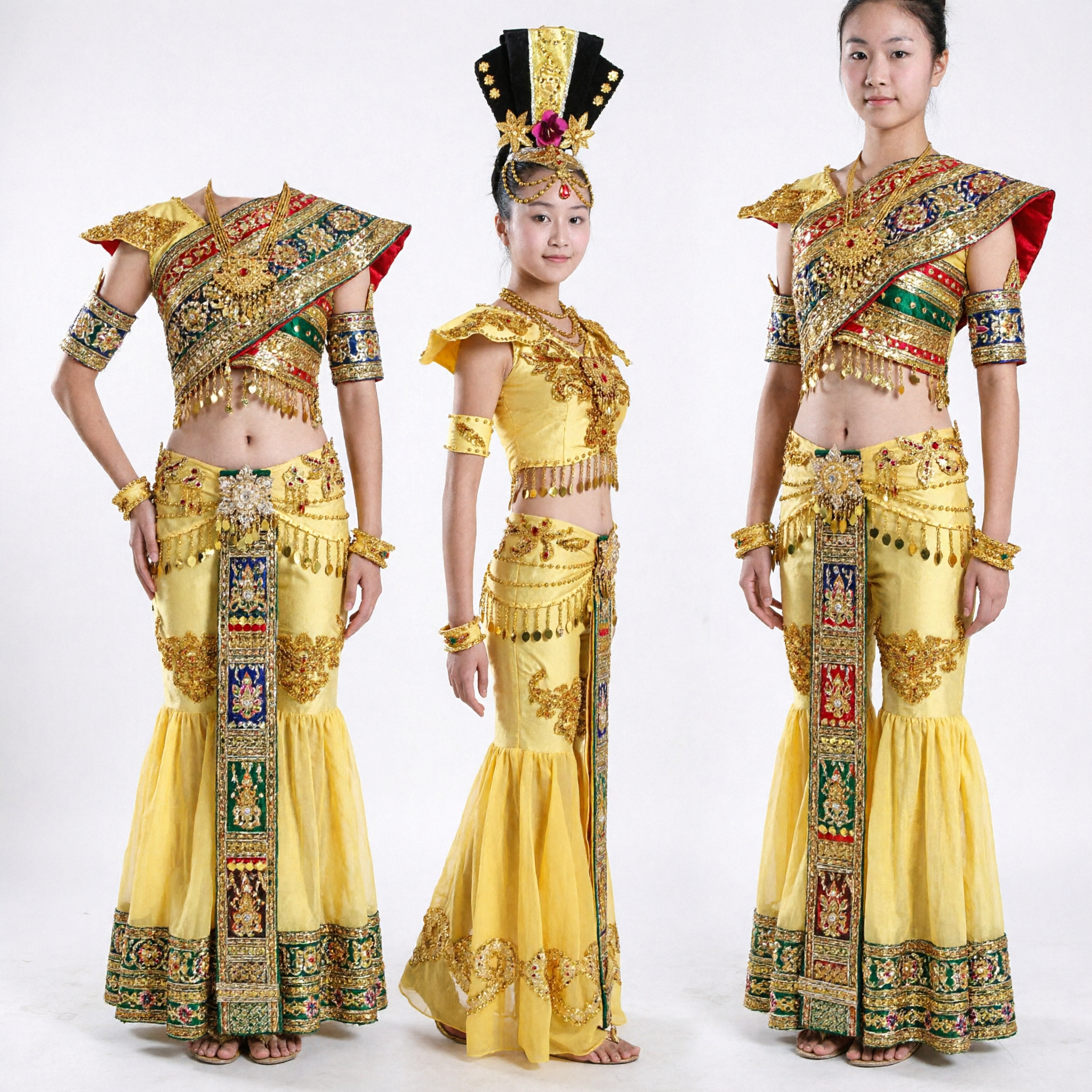 Exquisite Golden Chinese Dai Minority Peacock Dance Costume Complete Set for Girls Stage Performance - Asian Costume