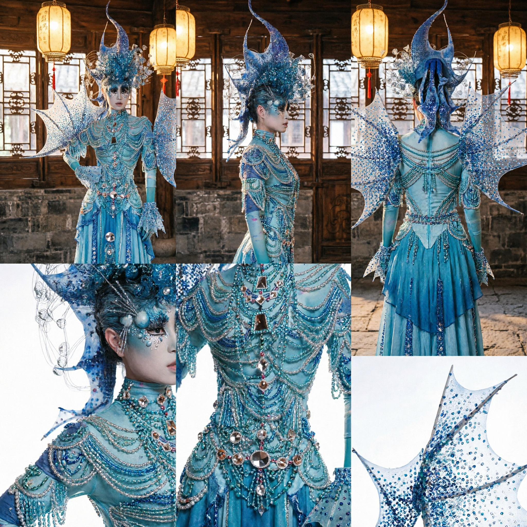 Elaborate Blue Fantasy Carnival Costume with Sequin Wings and Tall Headpiece for Women Stage Performance - Asian Costume