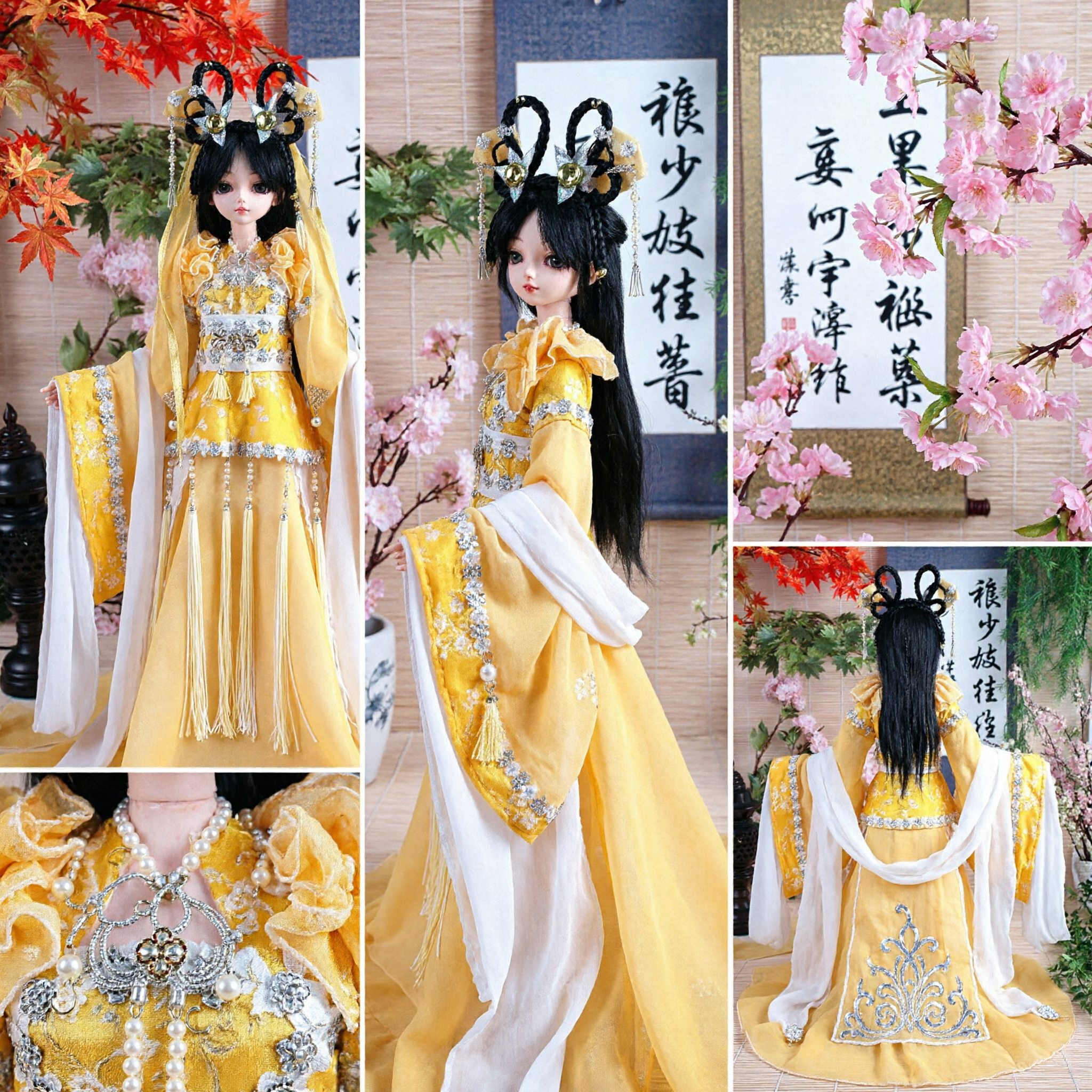Exquisite Yellow Chinese Traditional Hanfu Costume for BJD Doll Ancient Fairy Princess Dress Set with Headdress - Asian Costume