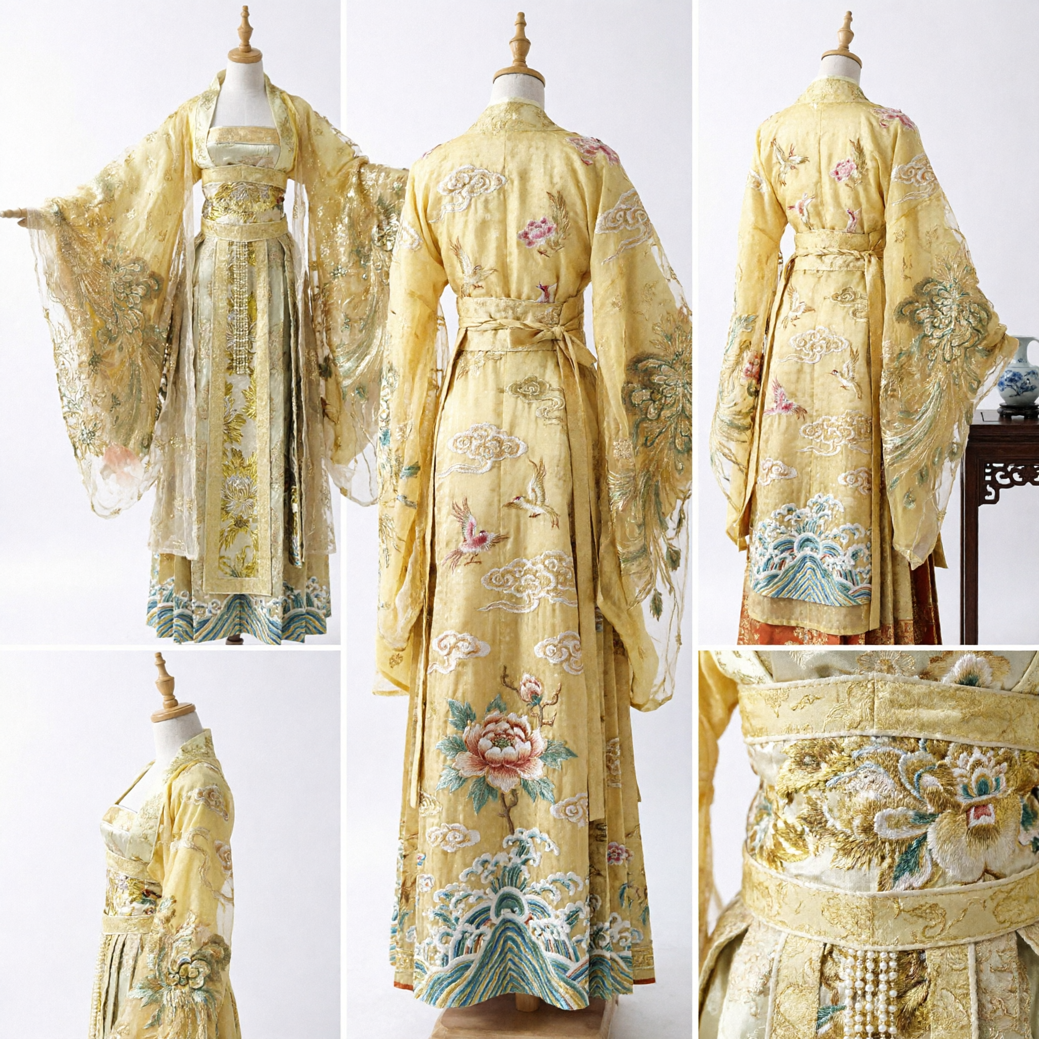 Elegant Yellow Floral Embroidery Hanfu Traditional Chinese Tang Dynasty Palace Costume for Women Cosplay Performance - Asian Costume