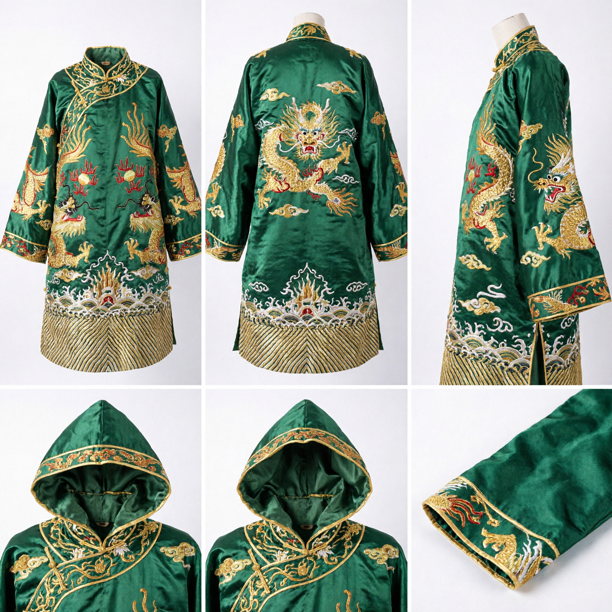 Traditional Chinese Green Dragon Embroidered Hooded Cloak Cape for Men Cosplay Stage Performance - Asian Costume