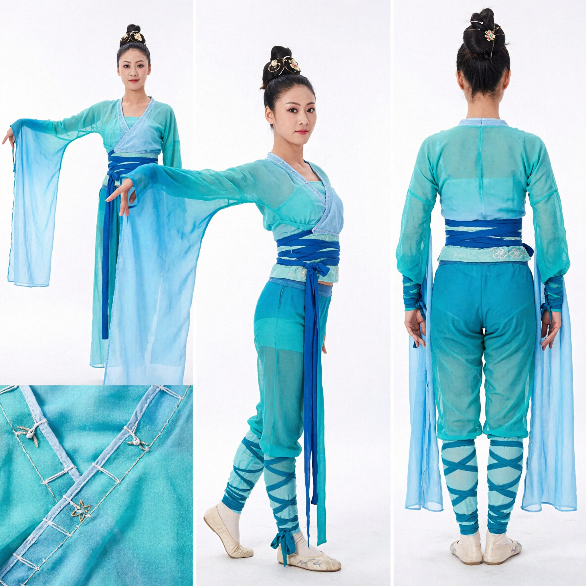 Women's Traditional Chinese Classical Dance Costume Blue Water Sleeve Ribbon Outfit for Stage Performance - Asian Costume