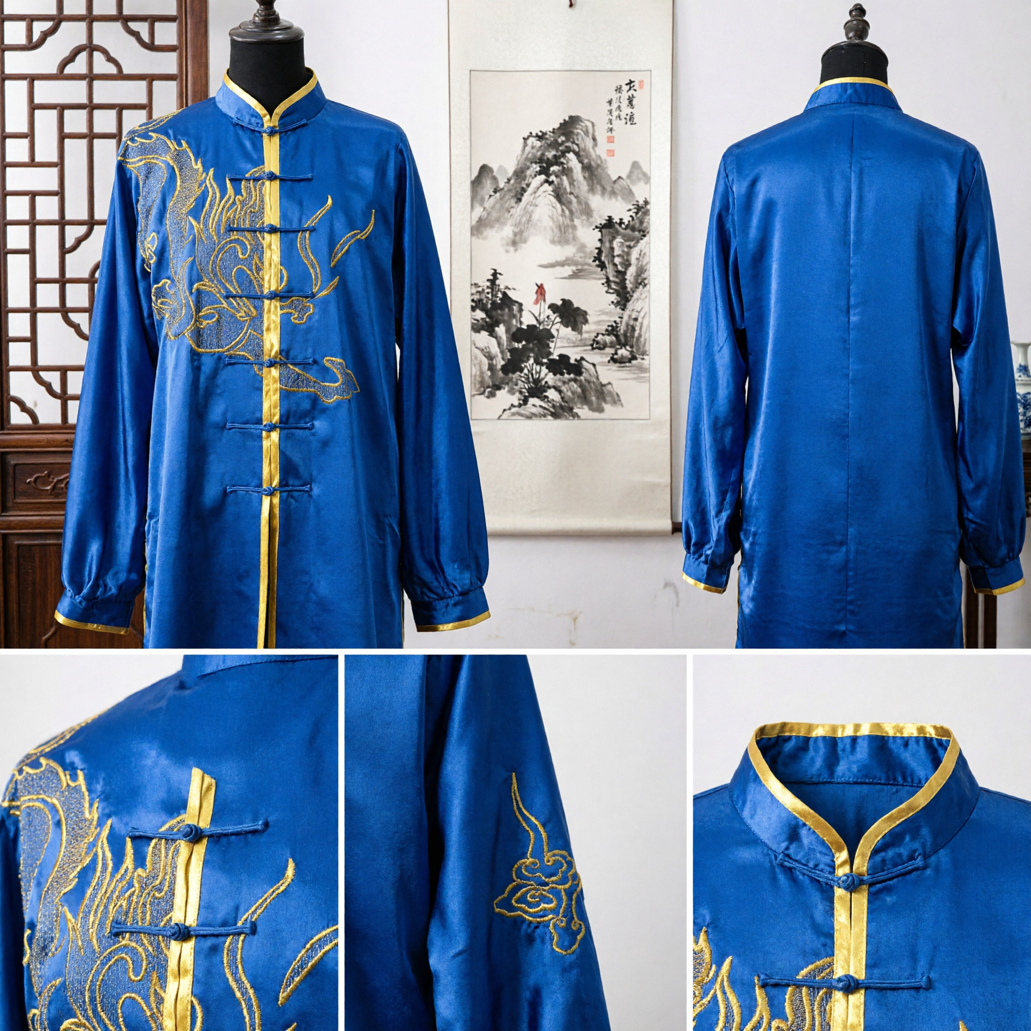 Men's Royal Blue Silk Kung Fu Uniform with Gold Dragon Embroidery Traditional Chinese Tai Chi Martial Arts Suit - Asian Costume