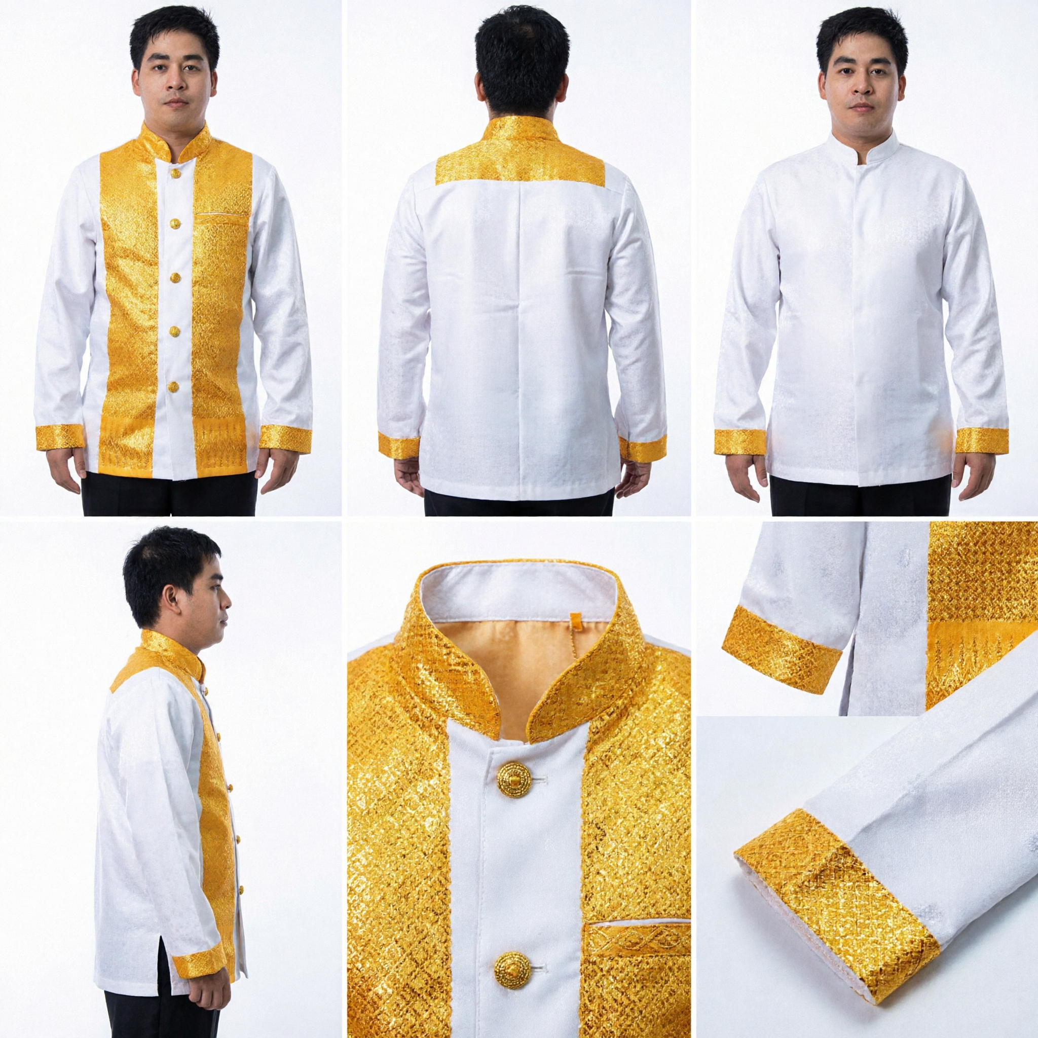 Men's Traditional Thai Raj Pattern Shirt White Gold Brocade Long Sleeve Formal Wedding Occasion Wear - Asian Costume