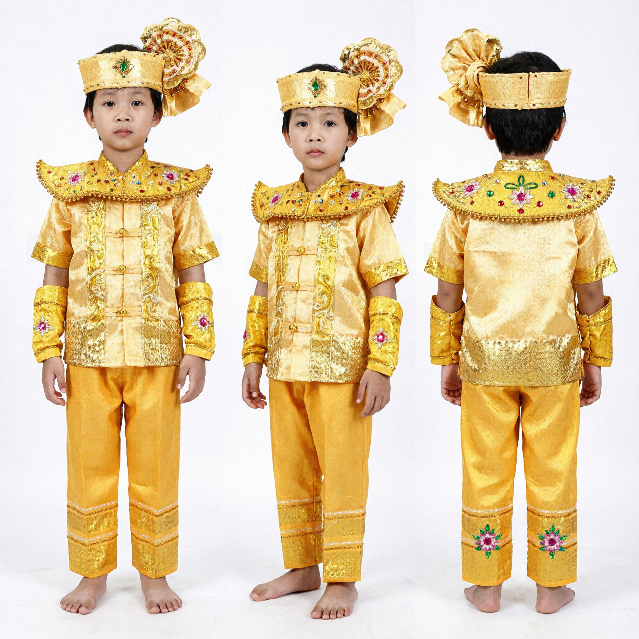 Traditional Thai Royal Prince Costume for Boys Kids Golden Dance Outfit Asian Cultural Performance Wear - Asian Costume