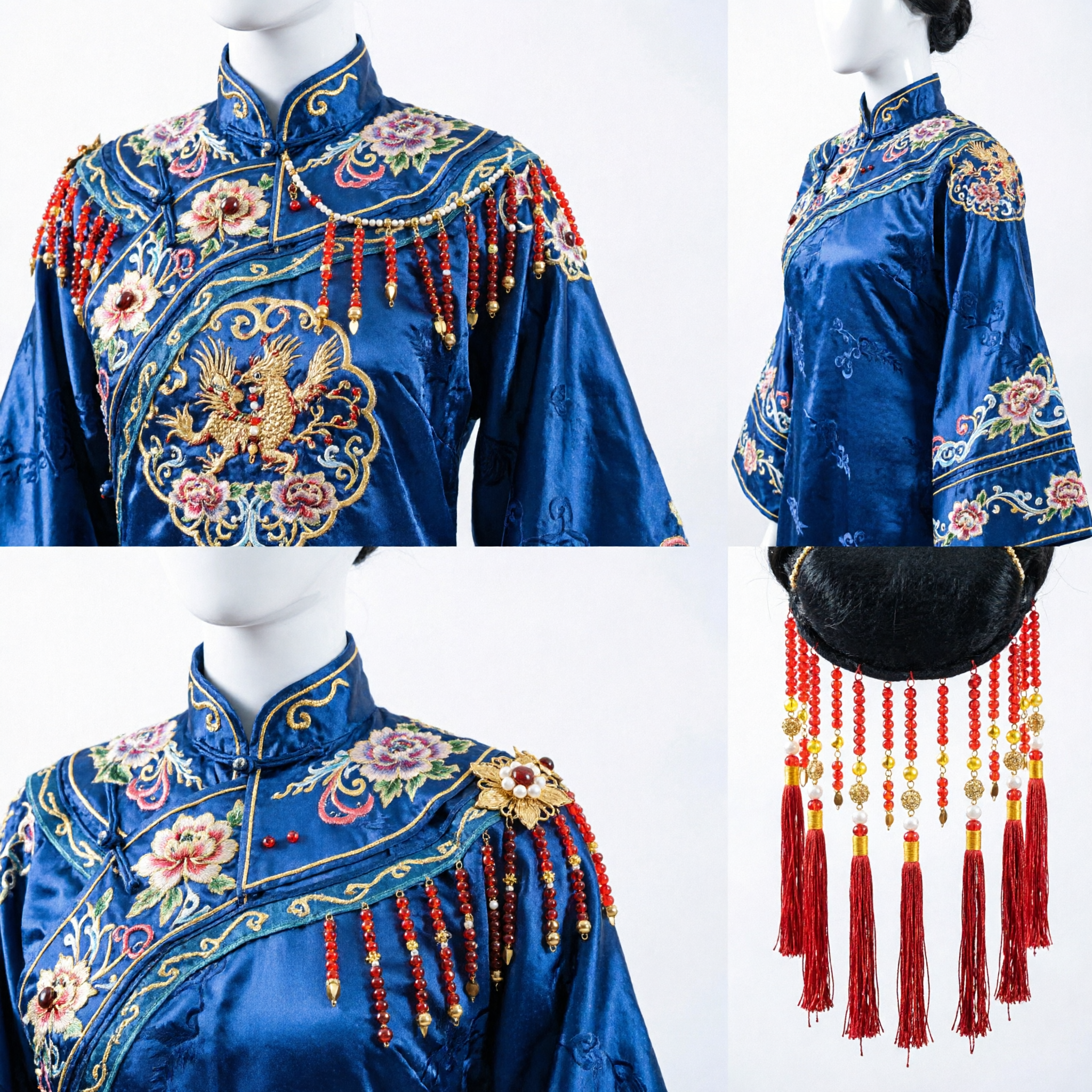 Exquisite Gold Phoenix Crown Hairpiece with Red Bead Tassels for Traditional Chinese Bridal Wedding Hanfu Costume - Asian Costume