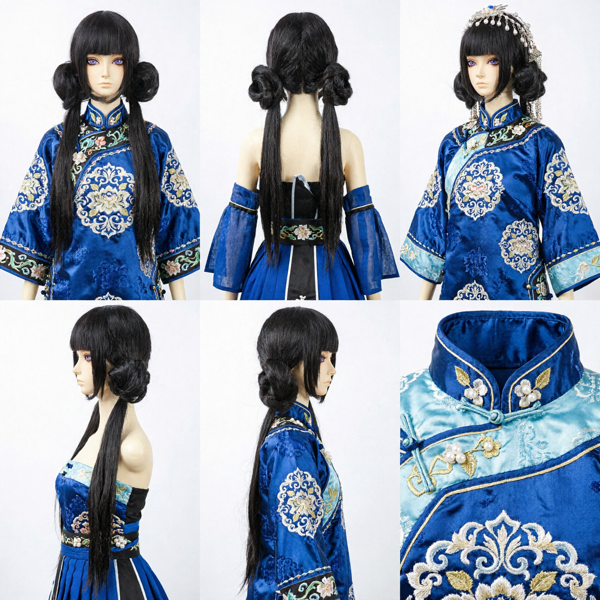 Long Black Wig with Double Side Buns for Chinese Traditional Hanfu Cosplay Ancient Princess Costume - Asian Costume