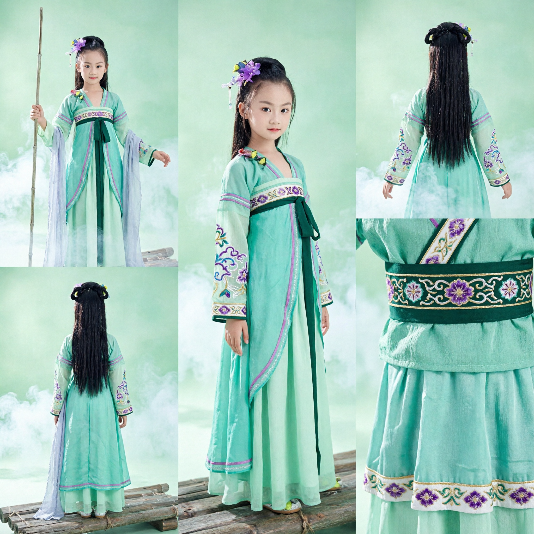 Green Traditional Chinese Hanfu Costume for Girls Ancient Fairy Princess Dress Kids Performance - Asian Costume
