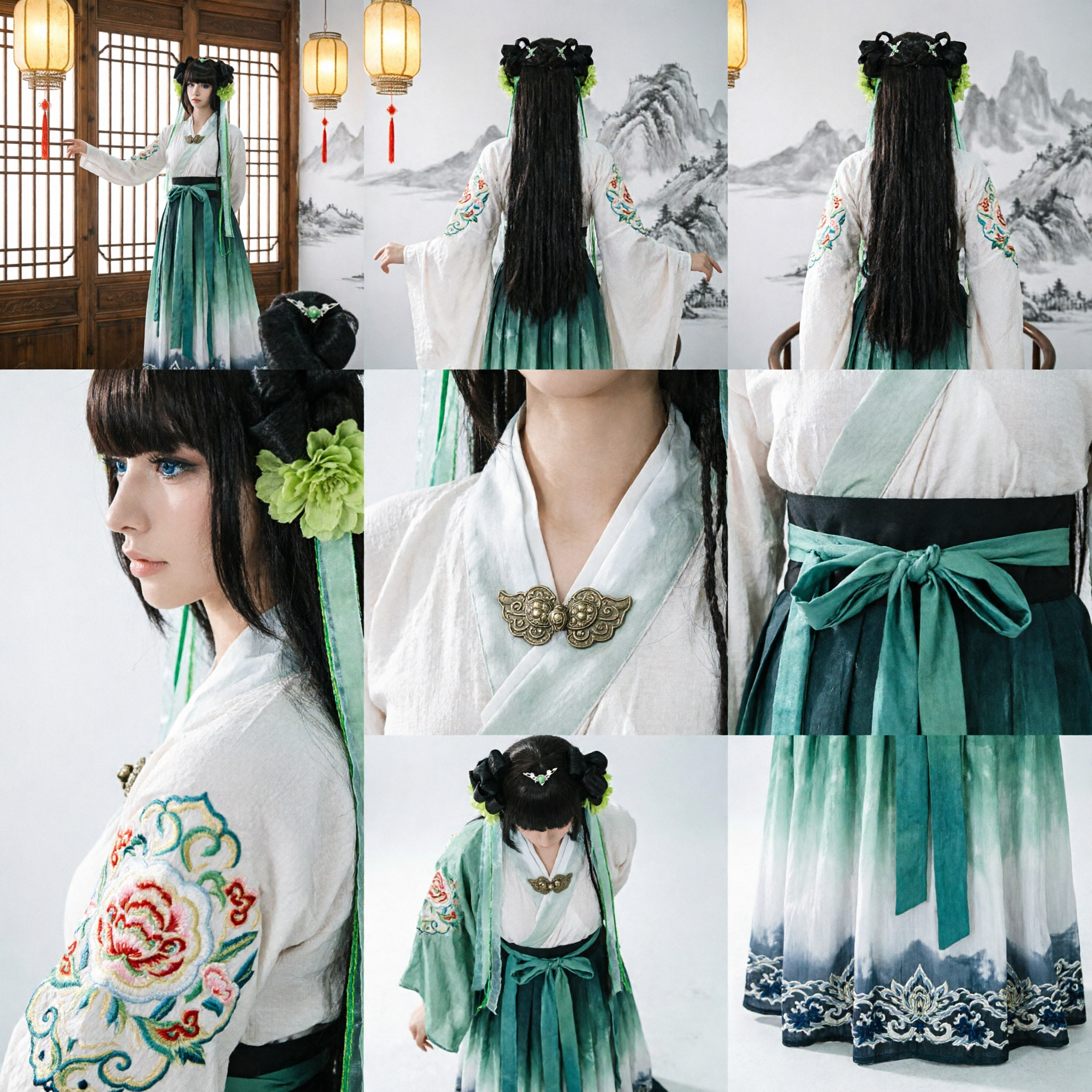 Ancient Chinese Style Wig with Green Floral Accessories and Long Black Hair for Hanfu Cosplay - Asian Costume