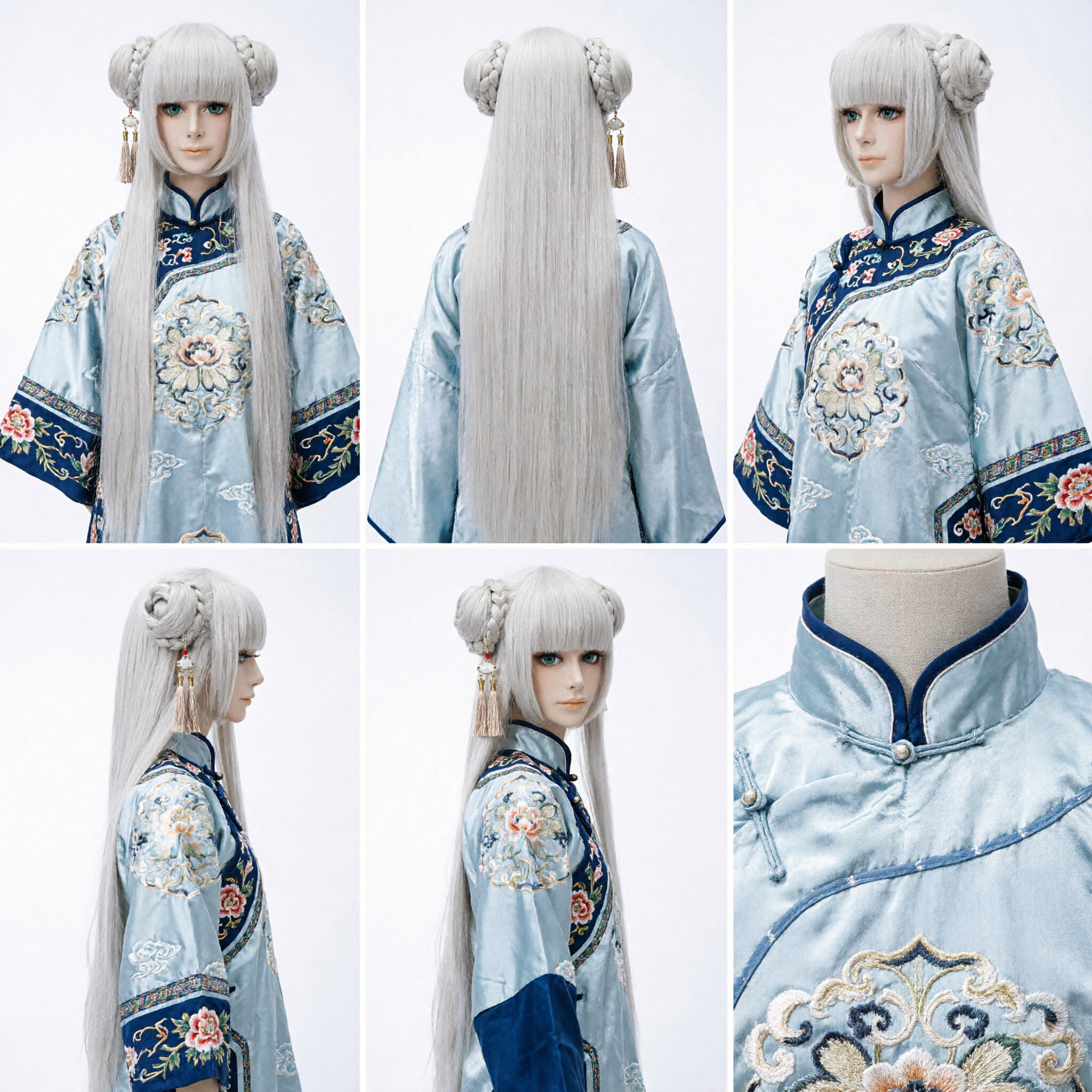Long White Wig with Double Braided Buns for Ancient Chinese Hanfu Cosplay Fairy Costume Party - Asian Costume