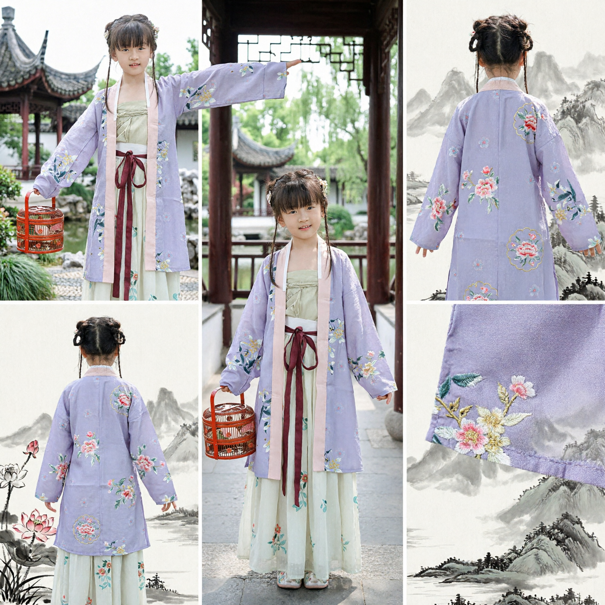 Traditional Chinese Hanfu for Girls Kids Ancient Embroidered Purple Robe and Green Dress Costume Set - Asian Costume