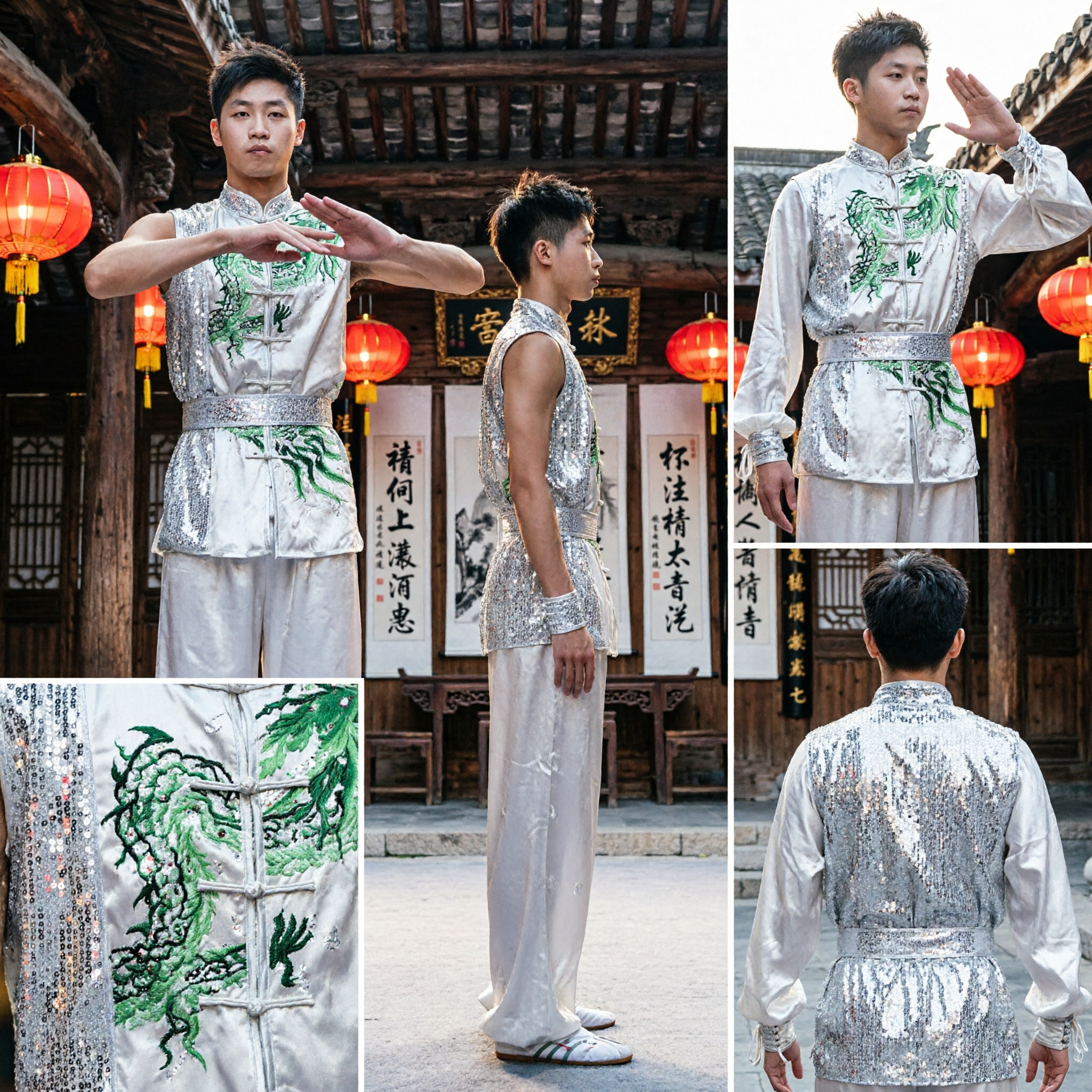 Mens Traditional Wushu Uniform Sleeveless White Green Dragon Embroidery Sequin Kung Fu Performance Costume - Asian Costume