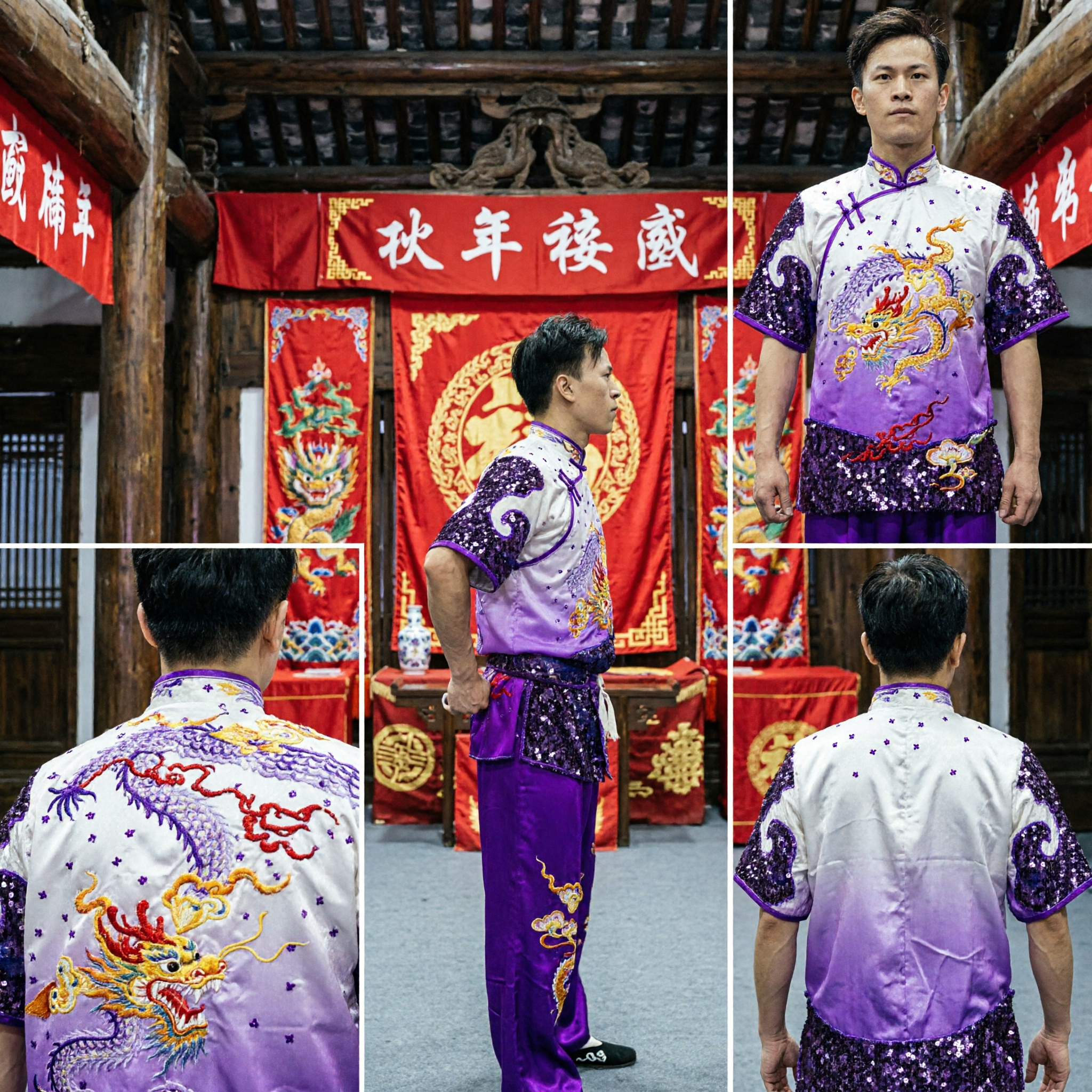 Men's Purple Wushu Competition Uniform with Dragon Embroidery and Sequins for Kung Fu Tai Chi Performance - Asian Costume