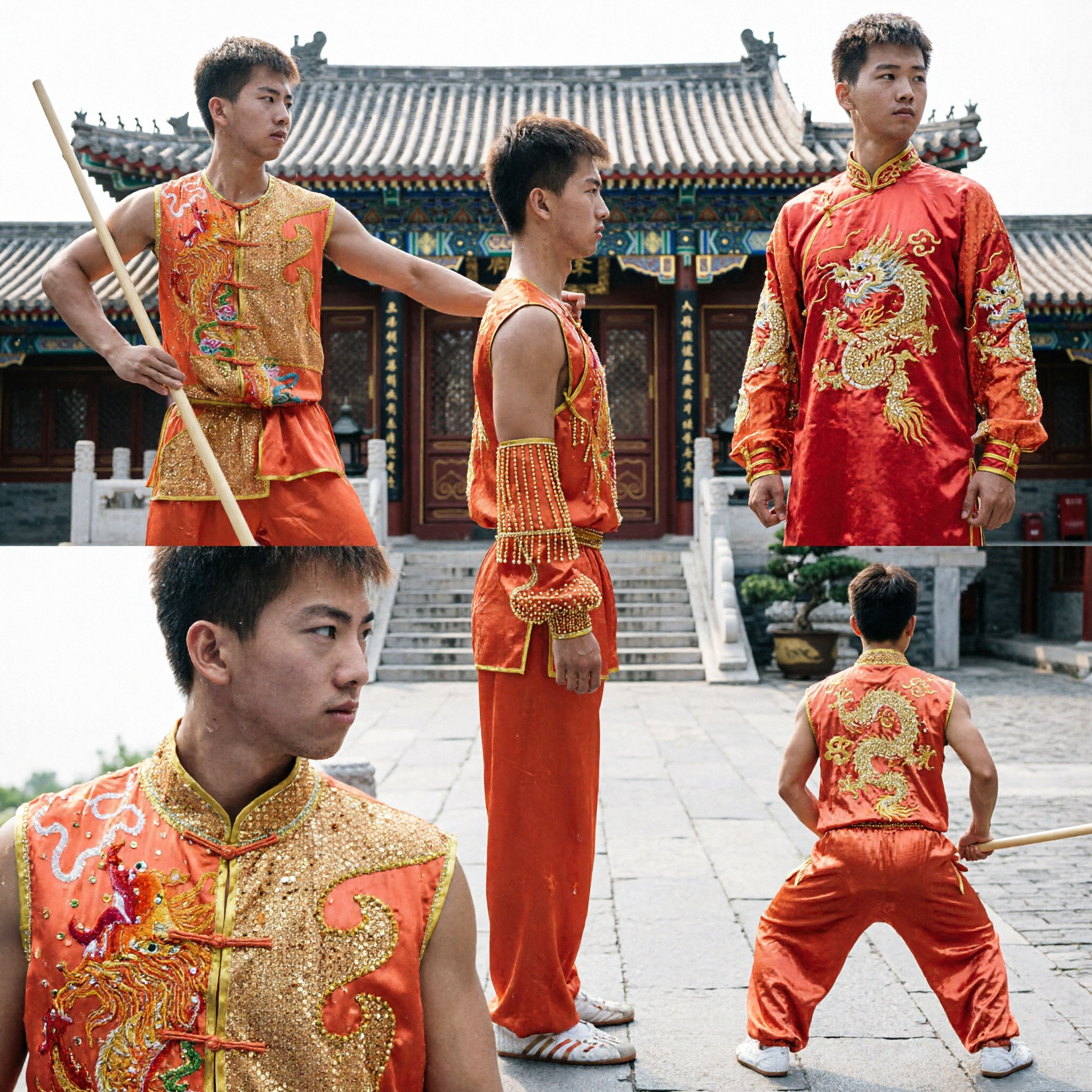Men's Orange Dragon Embroidery Kung Fu Uniform Sleeveless Wushu Competition Costume for Martial Arts Performance - Asian Costume