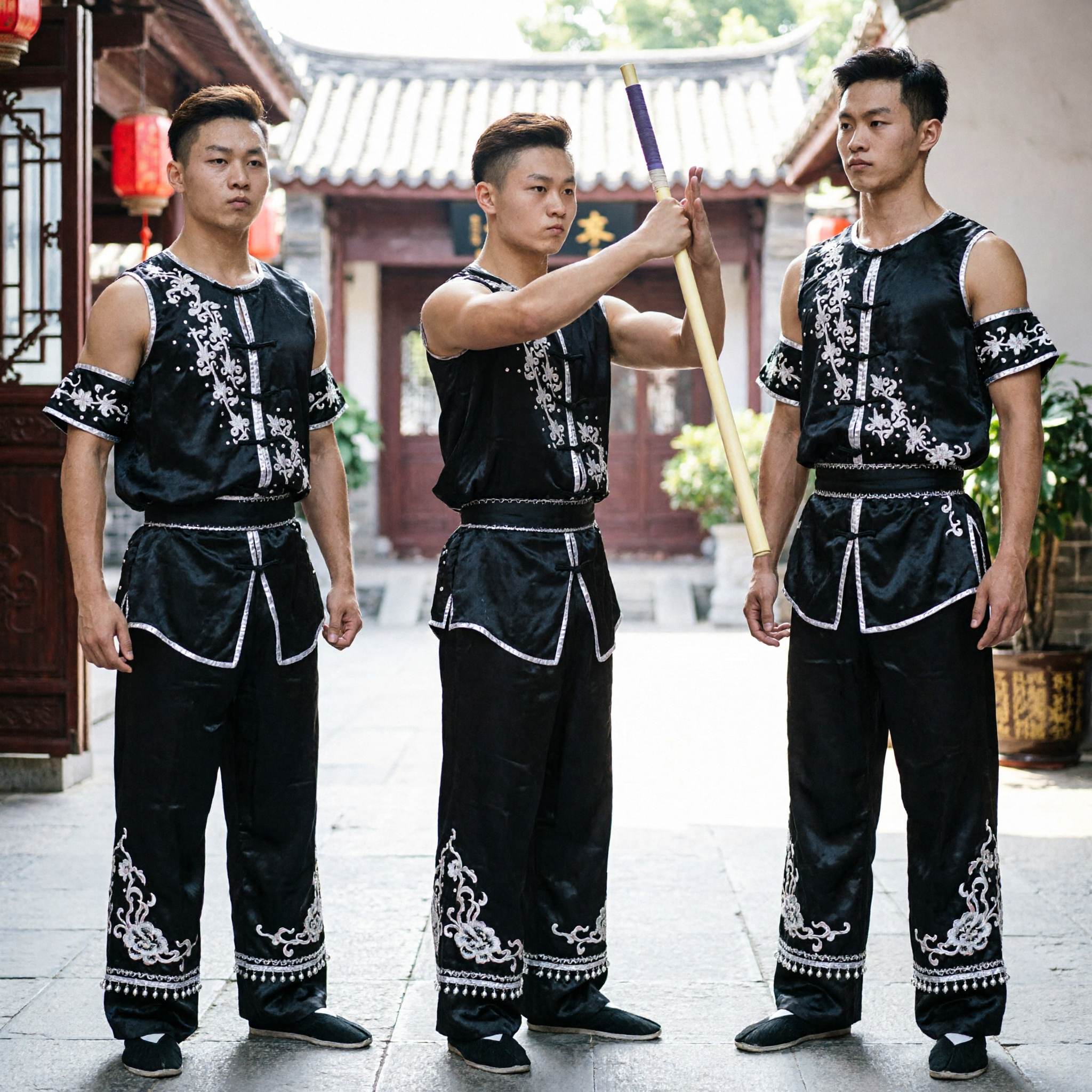 Men's Black Sleeveless Wushu Kung Fu Uniform Set with Silver Embroidery for Competition and Performance - Asian Costume
