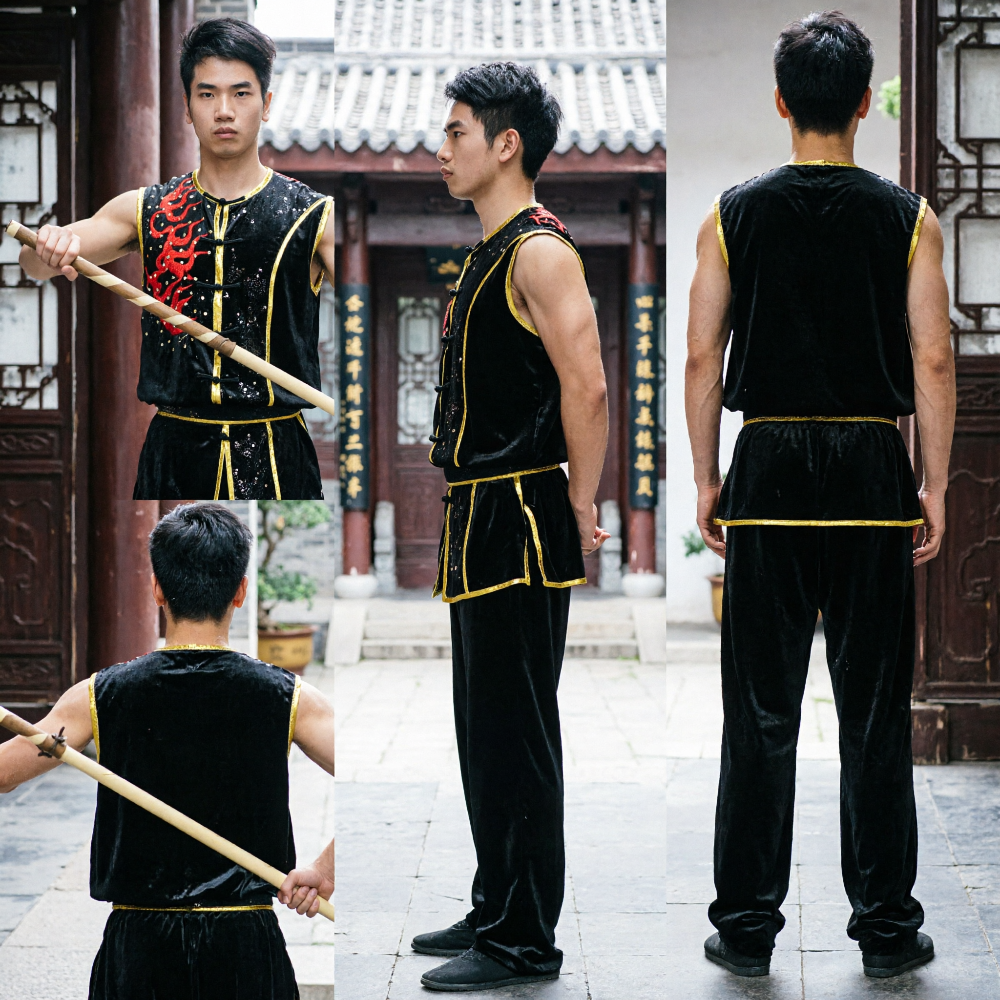 Men's Black Sleeveless Wushu Kung Fu Uniform with Red Dragon Embroidery for Competition Performance - Asian Costume