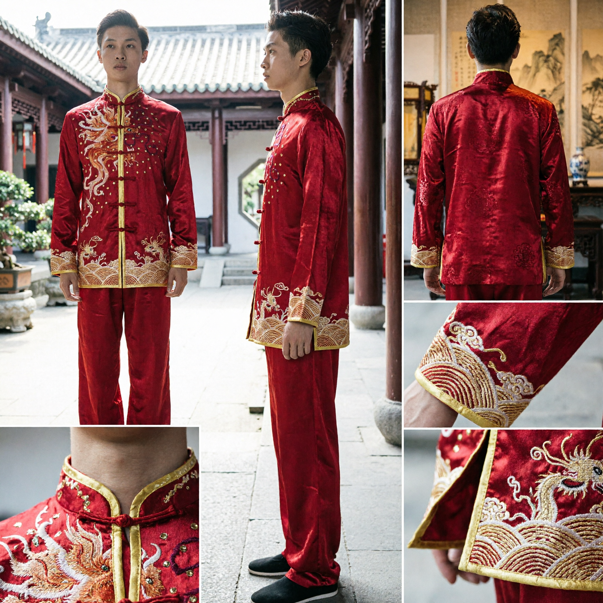 Men's Red Chinese Kung Fu Uniform with Gold Dragon Embroidery for Wushu Martial Arts Competition Performance - Asian Costume