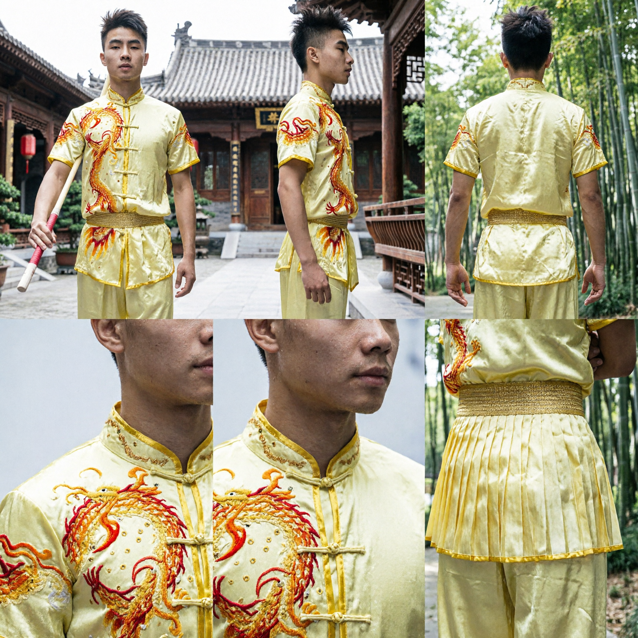 Men's Yellow Dragon Embroidery Kung Fu Uniform Traditional Wushu Martial Arts Performance Satin Costume Suit - Asian Costume