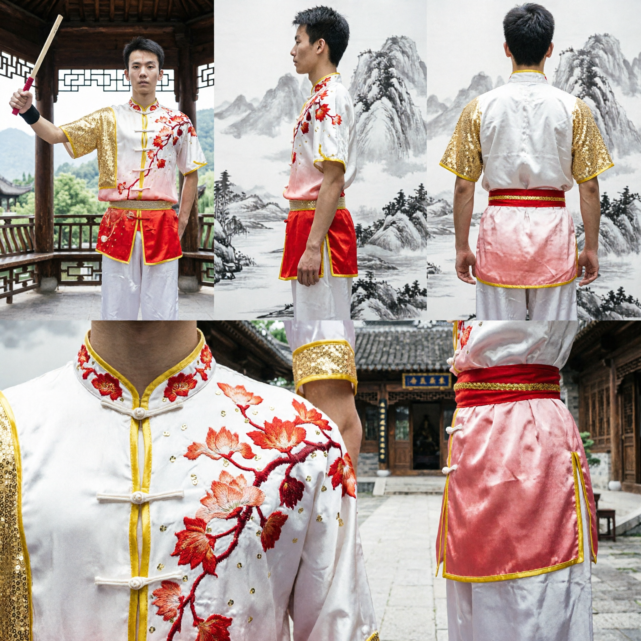 Men's Traditional Chinese Wushu Kung Fu Uniform Gold Sequin Sleeve Floral Print Martial Arts Performance Costume - Asian Costume