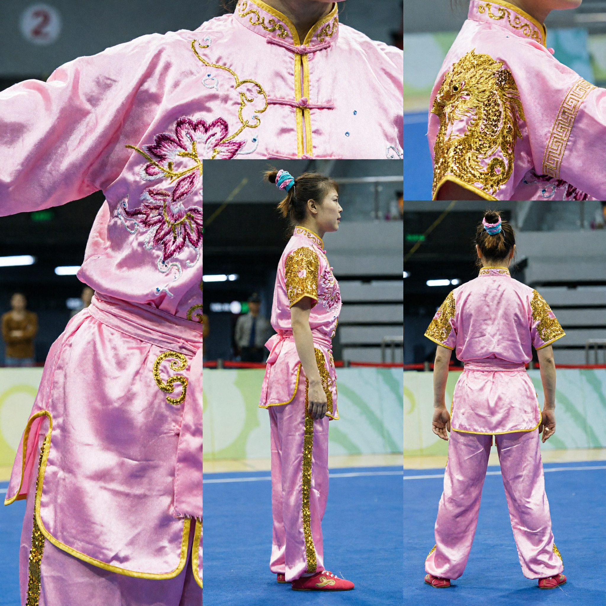 Professional Pink Wushu Competition Uniform with Gold Sequin Embroidery for Female Martial Artists - Asian Costume