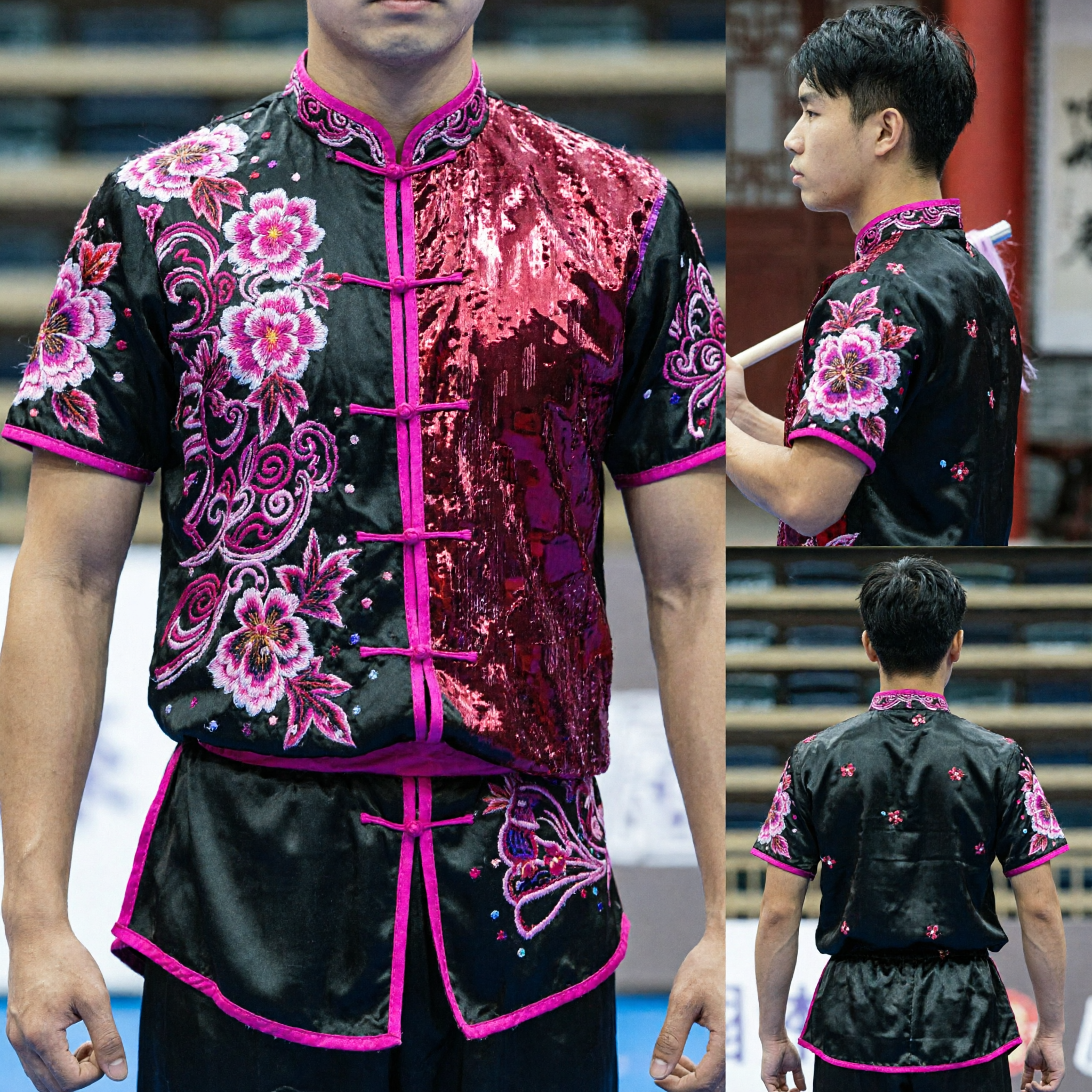 Men's Black and Pink Sequin Wushu Uniform Traditional Chinese Kung Fu Changquan Competition Costume - Asian Costume