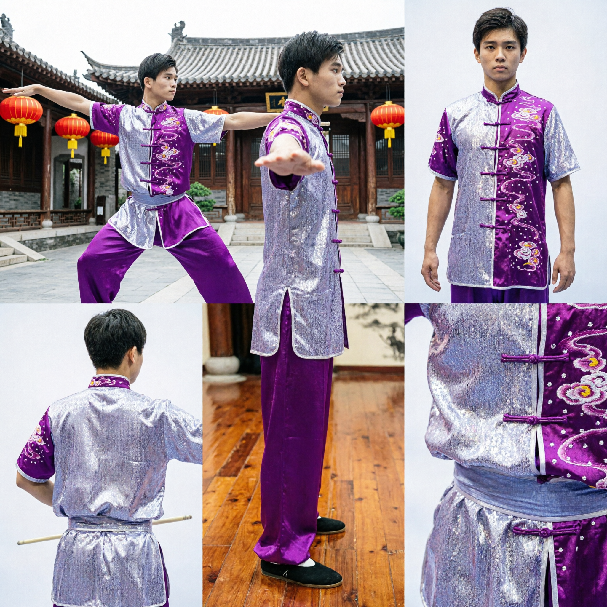 Men's Professional Purple and Silver Sequin Wushu Uniform Traditional Kung Fu Competition Costume for Martial Arts - Asian Costume