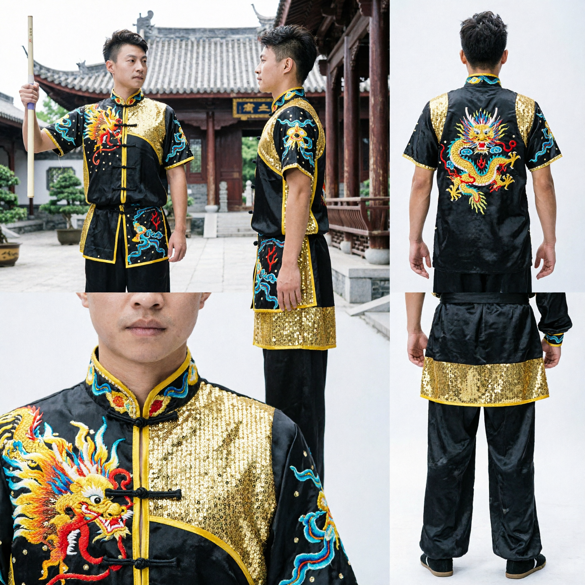 Men's Black Dragon Embroidery Kung Fu Uniform Gold Sequin Wushu Competition Costume Traditional Martial Arts Clothing - Asian Costume