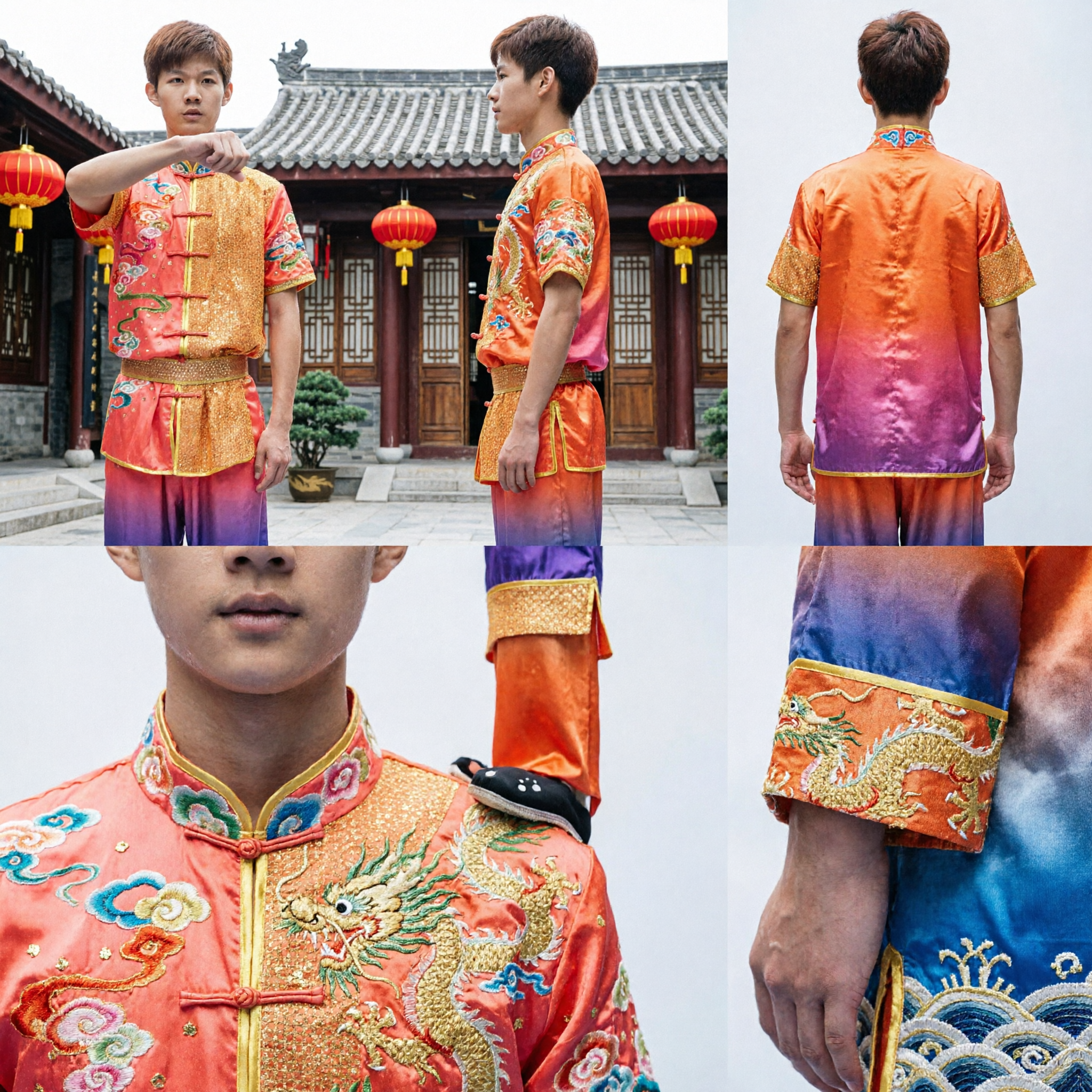 Men's Traditional Chinese Wushu Uniform Orange Dragon Embroidery Kung Fu Changquan Competition Performance Costume - Asian Costume
