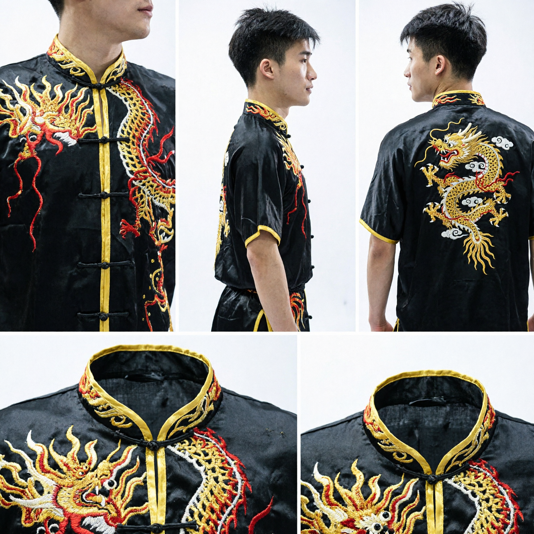 Traditional Black Silk Kung Fu Uniform with Gold Dragon Embroidery Men's Wushu Tai Chi Suit - Asian Costume