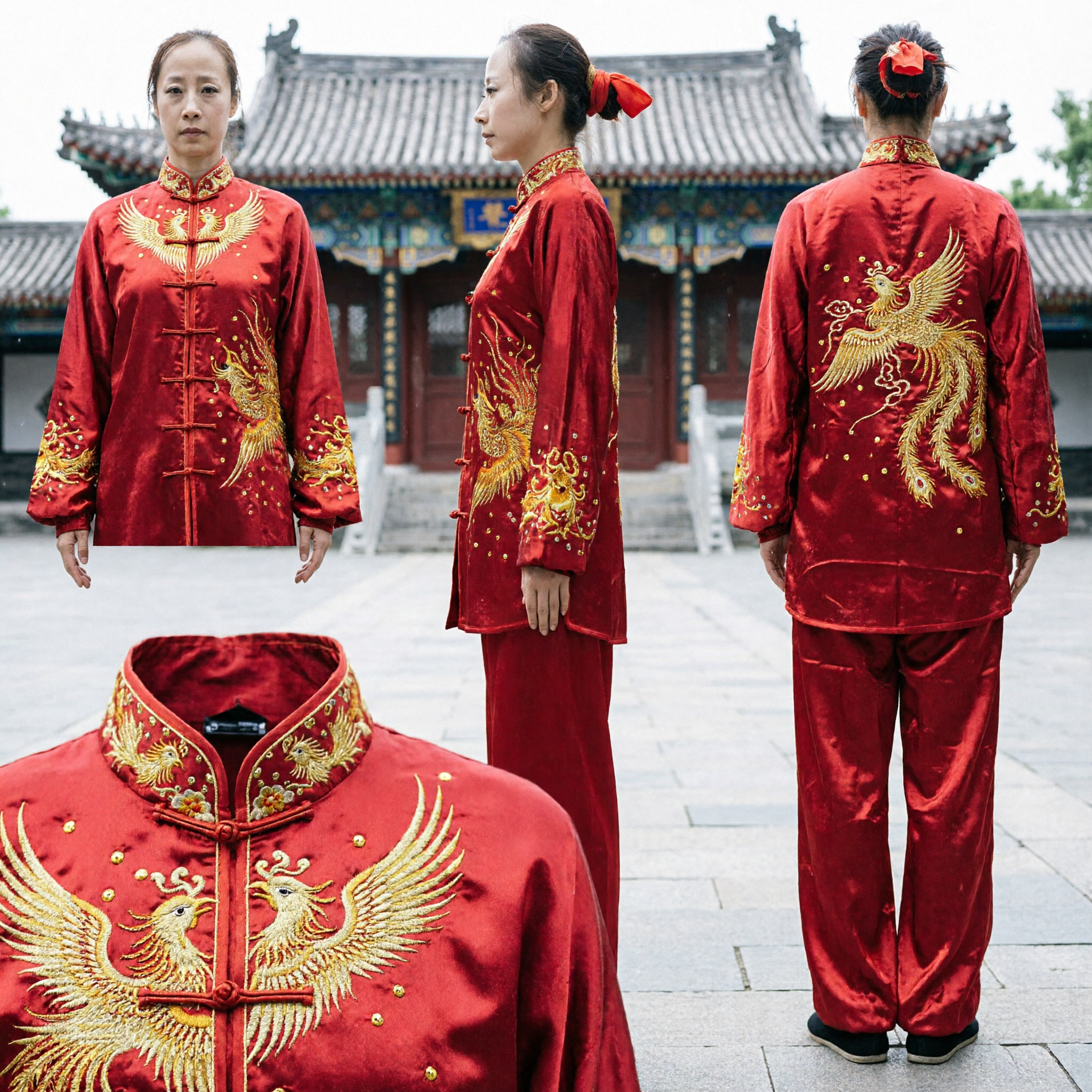 Women's Red Silk Tai Chi Uniform Traditional Chinese Kung Fu Suit Gold Embroidered Phoenix Martial Arts Performance Costume - Asian Costume