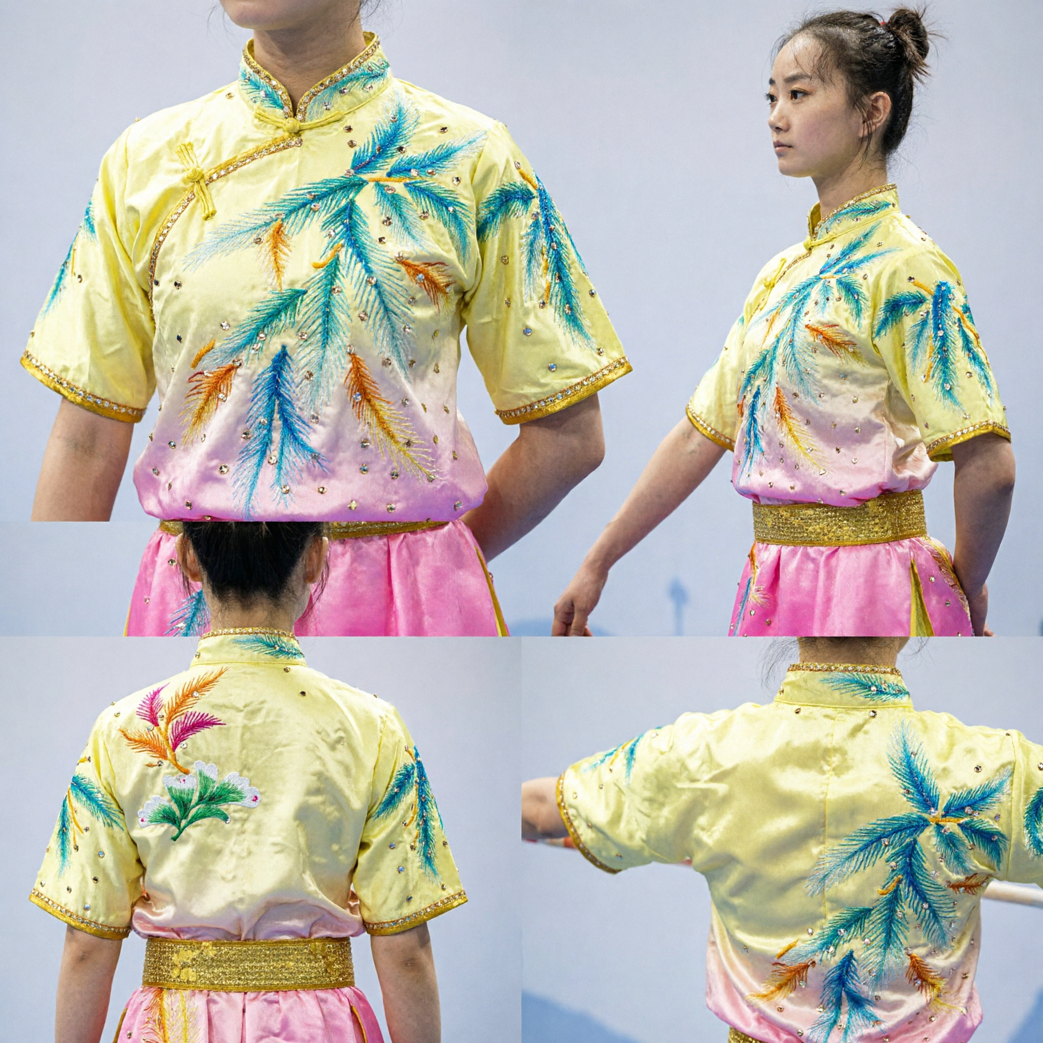 Women's Professional Wushu Competition Uniform Yellow Pink Gradient Kung Fu Suit with Phoenix Embroidery - Asian Costume