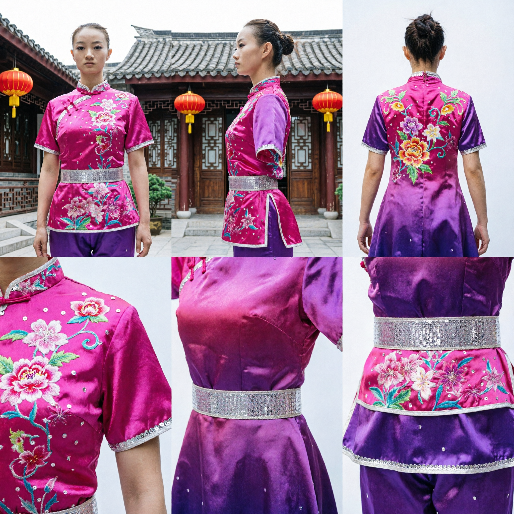Vibrant Pink Floral Embroidered Wushu Uniform Traditional Chinese Kung Fu Performance Costume for Women - Asian Costume