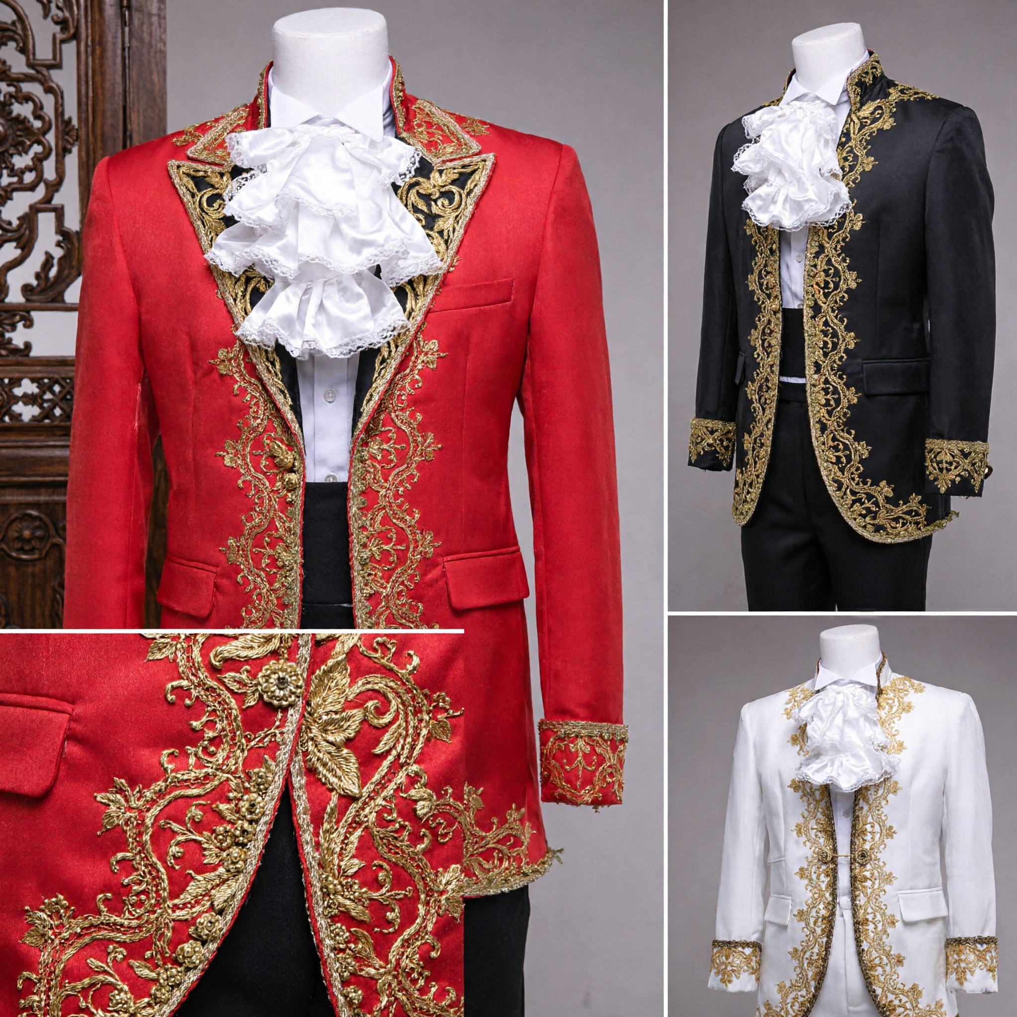 Men's Baroque Gold Embroidery Tuxedo Suit Red Black White Wedding Groom Prom Stage Costume with Ruffled Shirt - Asian Costume