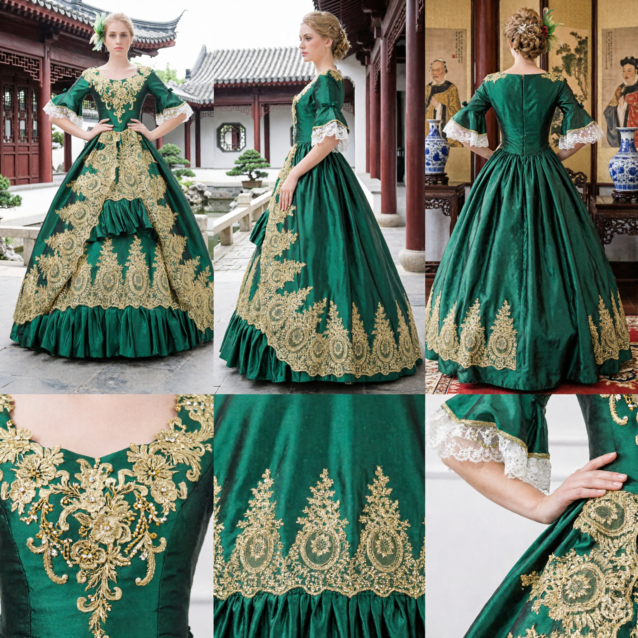 Elegant Emerald Green Velvet Baroque Ball Gown with Gold Embroidery and Lace for Women's Costume Party - Asian Costume