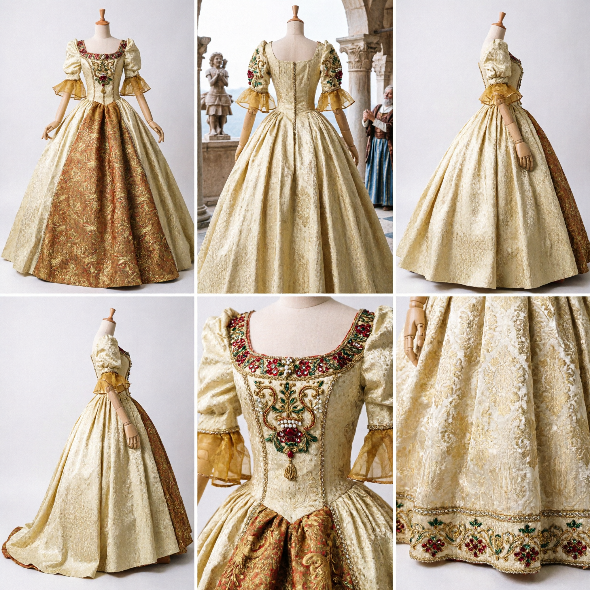 Elegant Gold Brocade Renaissance Gown Costume for Fashion Dolls Historical Baroque Court Dress Accessory - Asian Costume